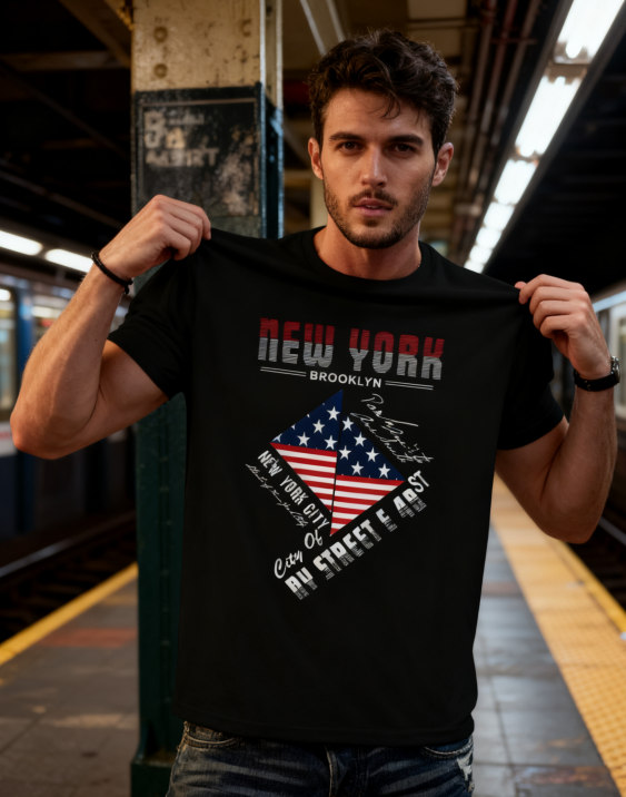New York Brooklyn American Flag T-Shirt - 100% Cotton, Retro Urban Tee for Travel, Casual Wear & City Adventures