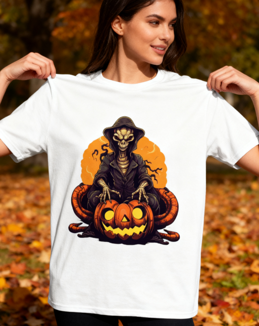 Halloween Skeleton Pumpkin Graphic T-Shirt - 100% Cotton, Versatile for Halloween & Casual Occasions. With a one-of-a-kind skeleton and pumpkin design you won't find anywhere else, get ready to be the star of the haunted night!