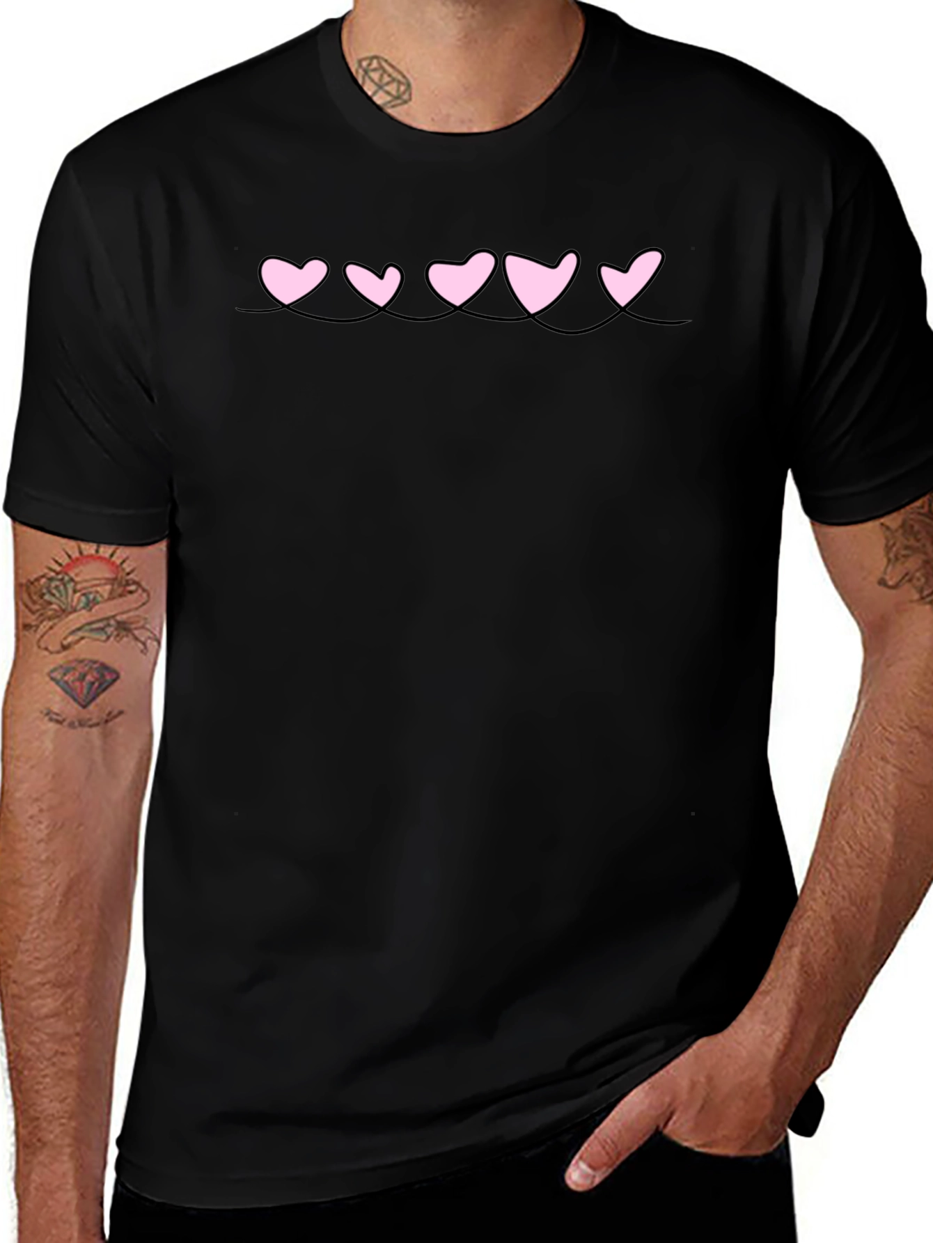 Mens Black T-Shirt with Pink Heart Design