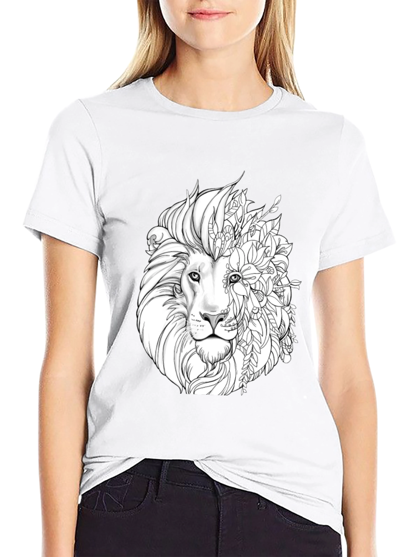 Lion Floral Graphic Black T-Shirt