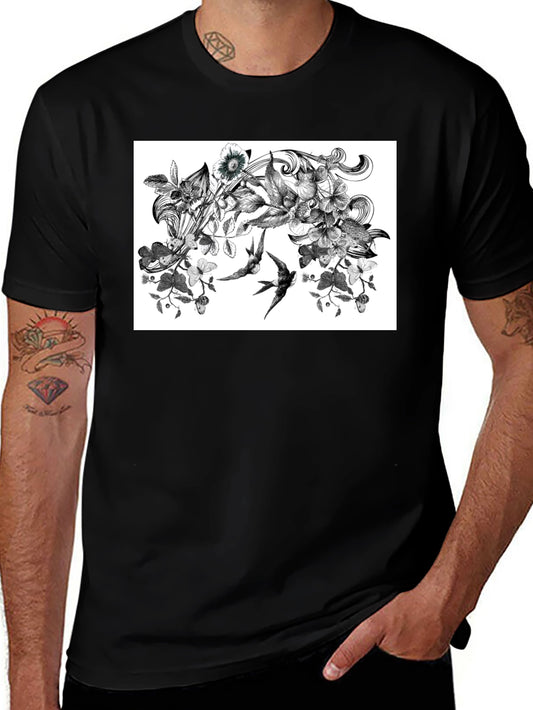 Botanical Swallow T-Shirt - Artistic Black Tee