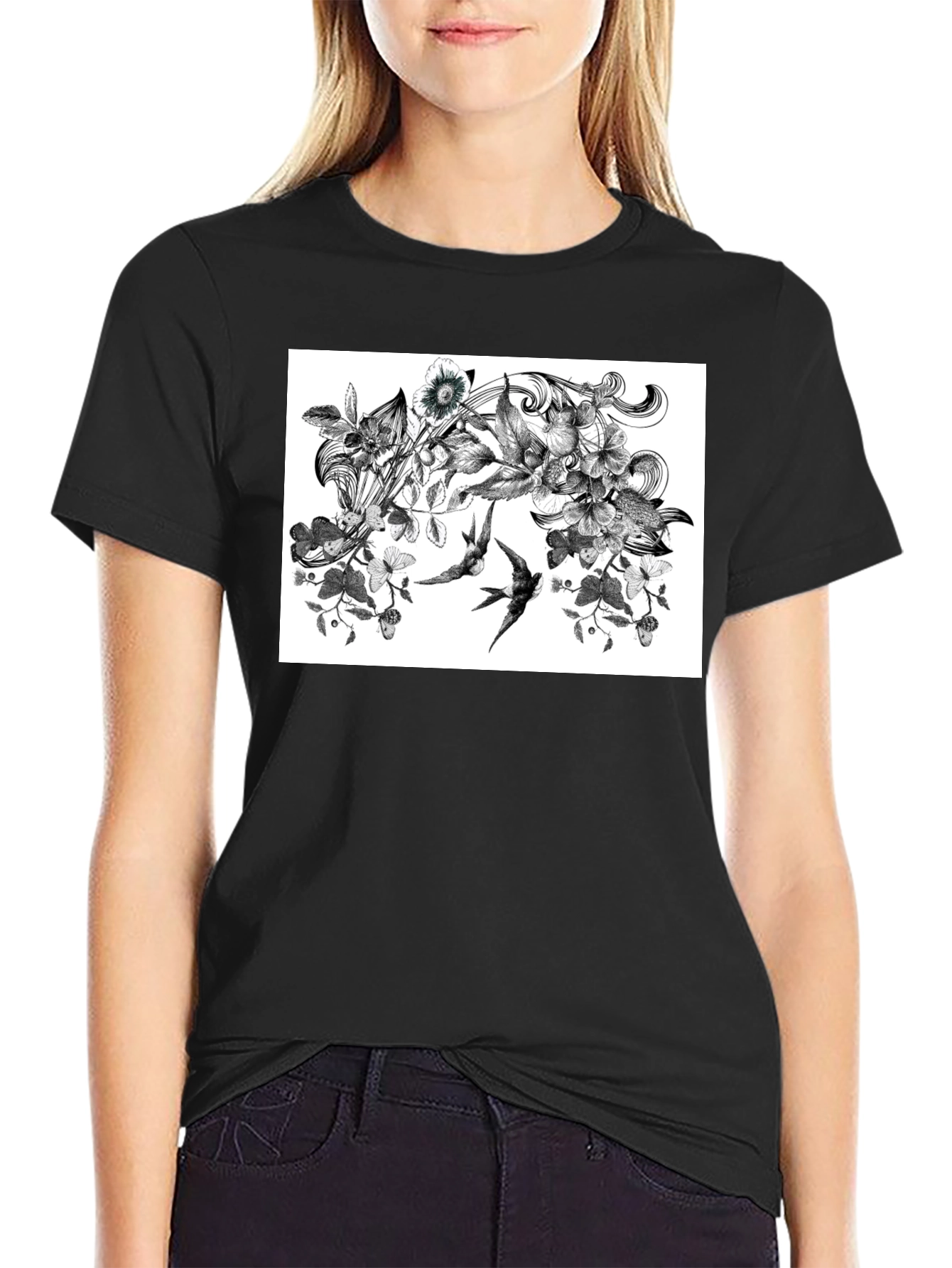 Botanical Swallow T-Shirt - Artistic Black Tee