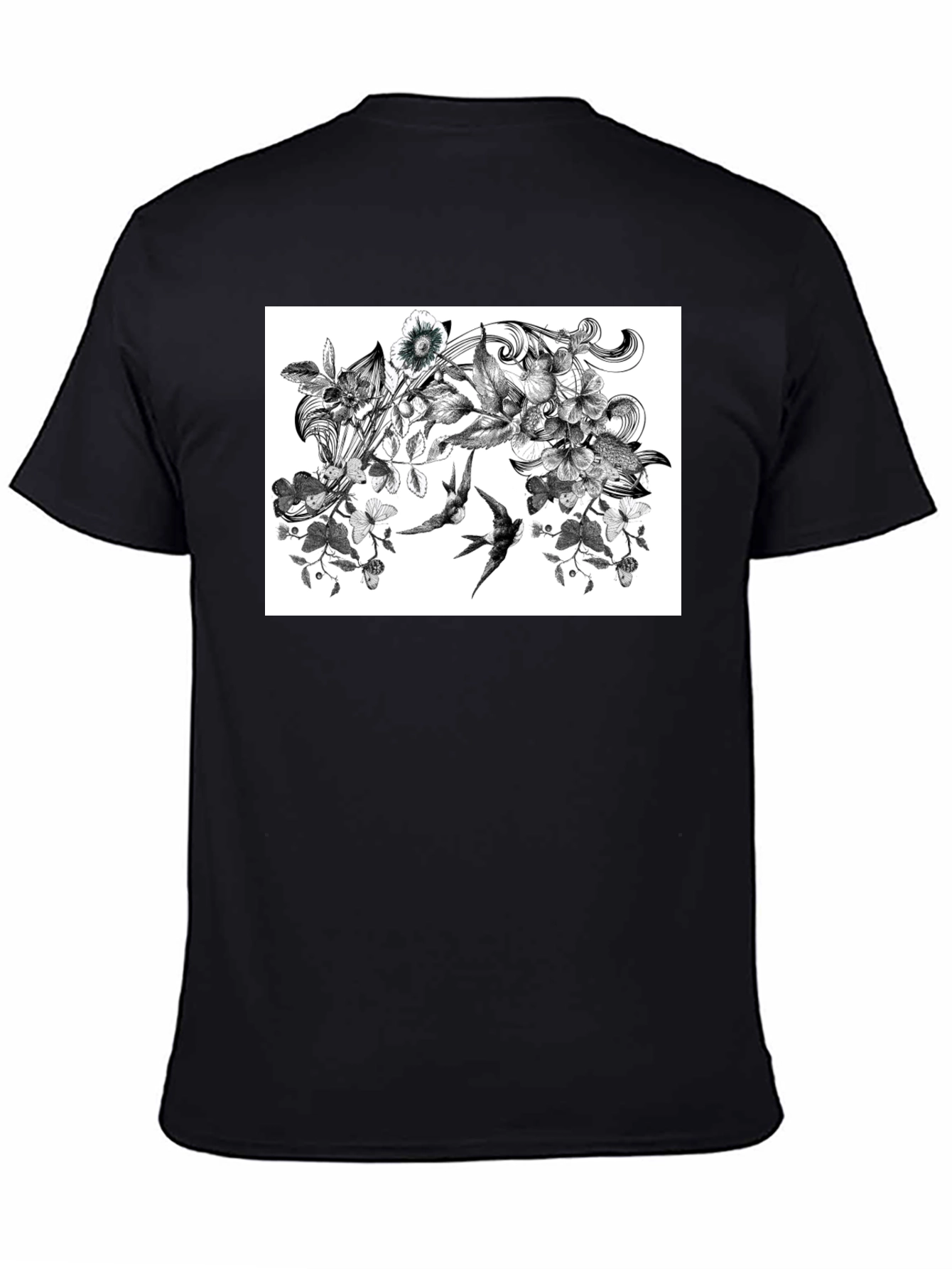 Botanical Swallow T-Shirt - Artistic Black Tee