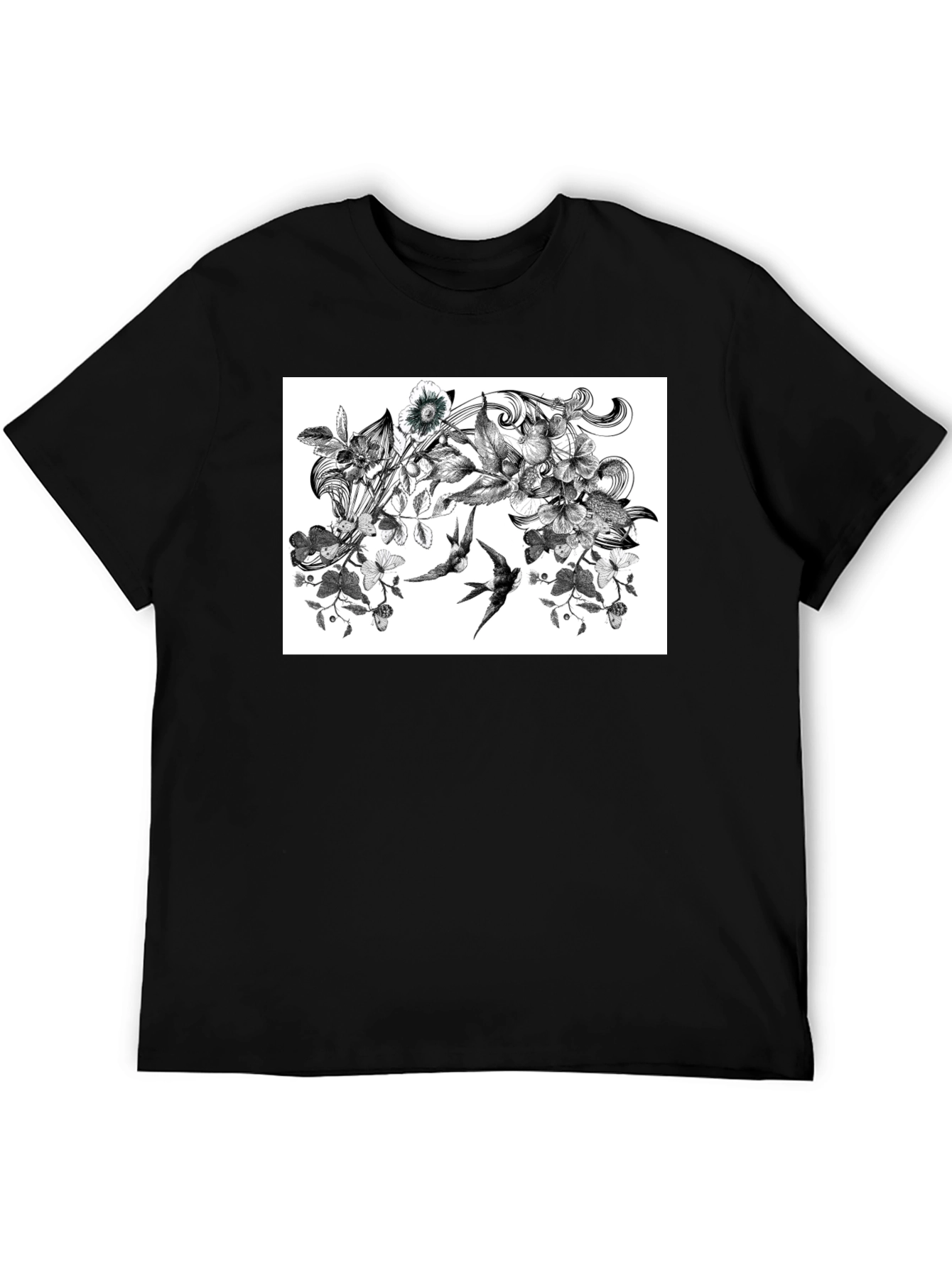 Botanical Swallow T-Shirt - Artistic Black Tee