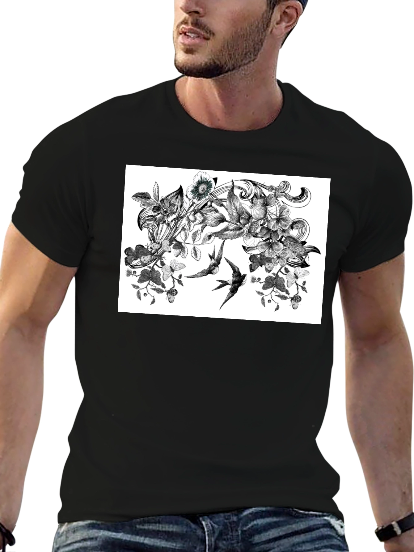 Botanical Swallow T-Shirt - Artistic Black Tee