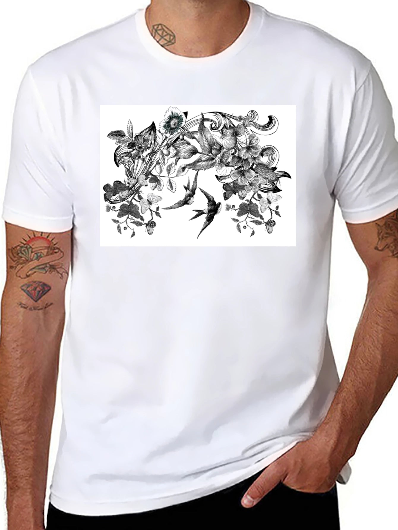 Botanical Swallow T-Shirt - Artistic Black Tee