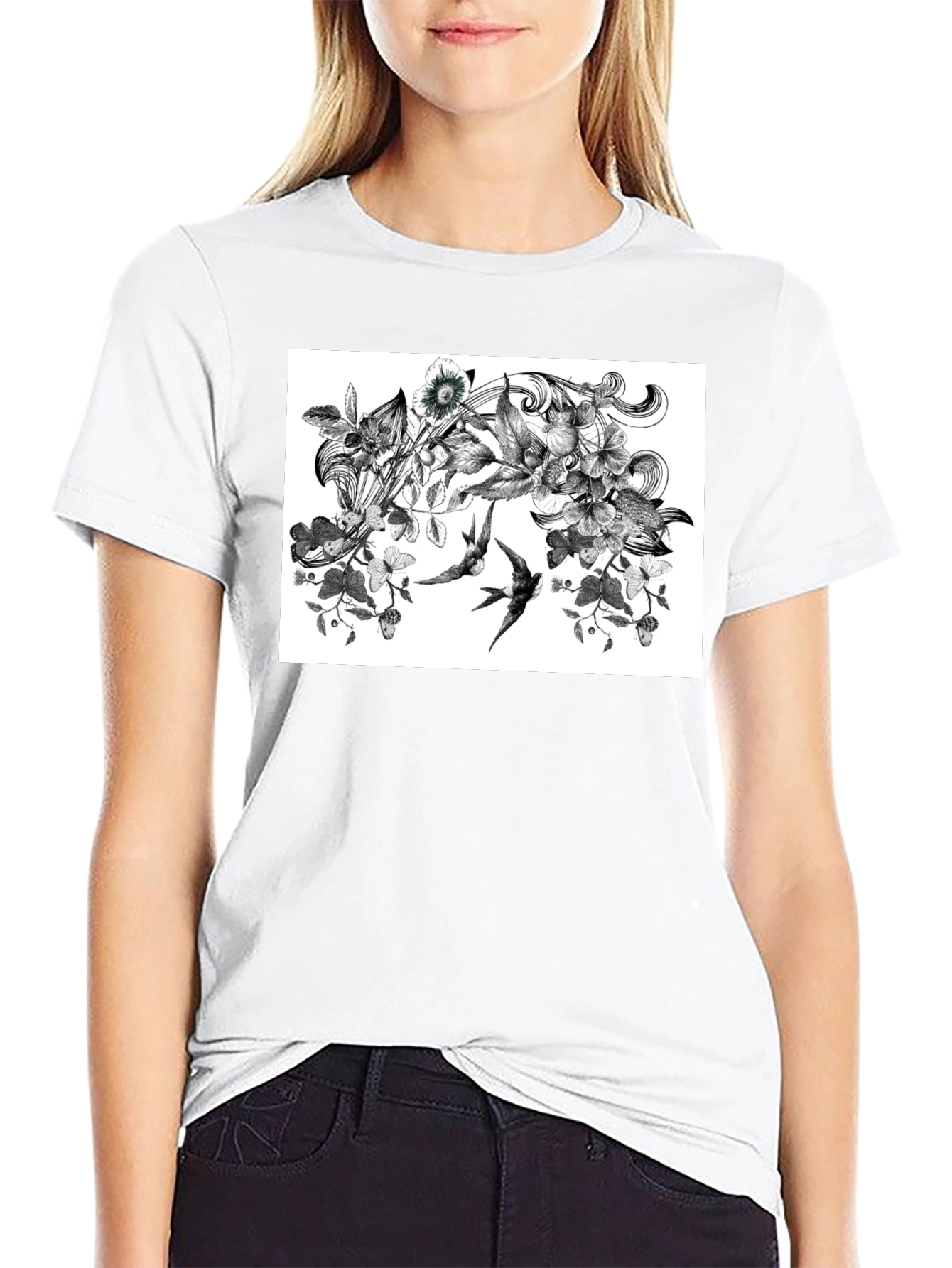 Botanical Swallow T-Shirt - Artistic Black Tee