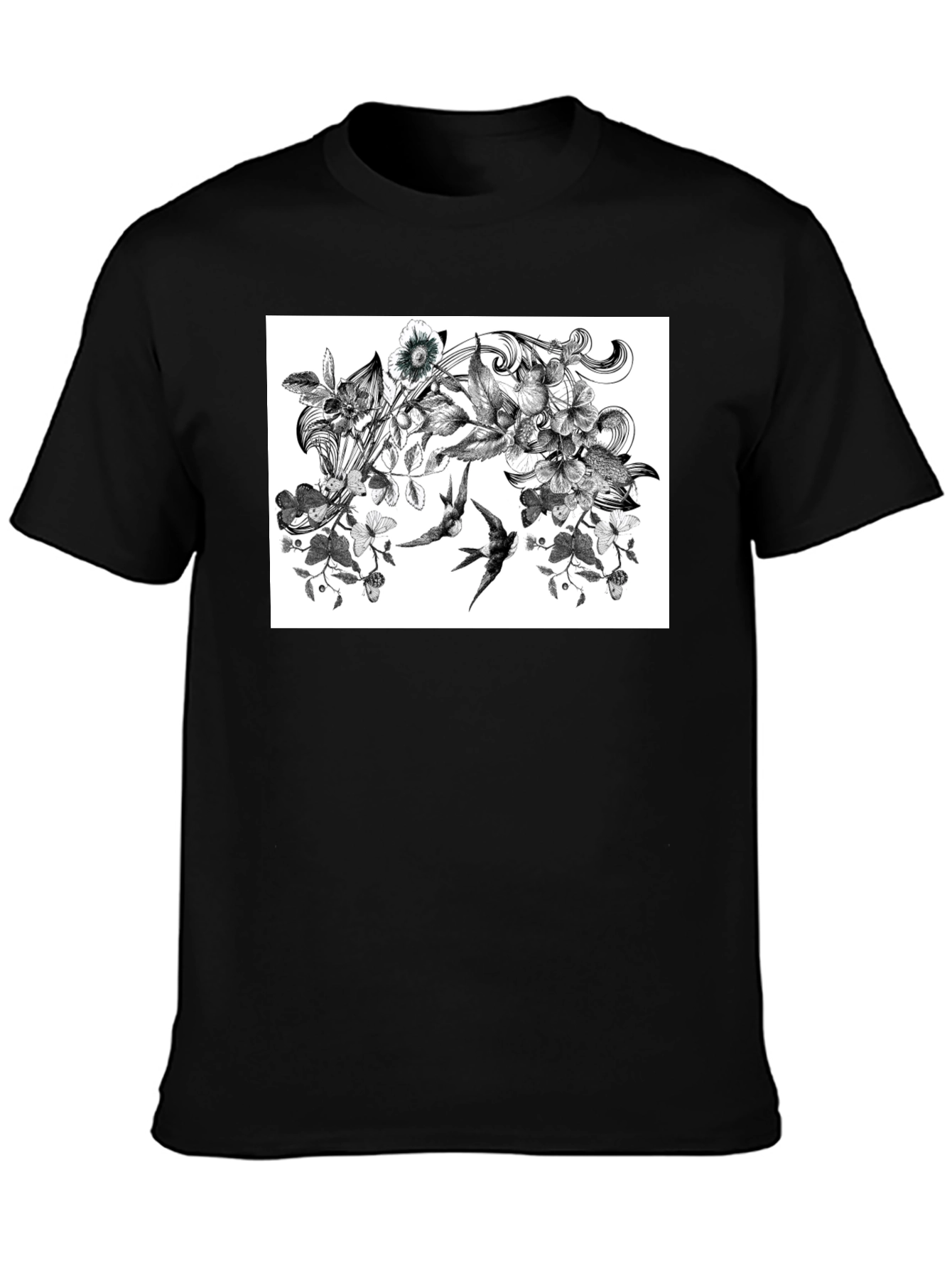 Botanical Swallow T-Shirt - Artistic Black Tee