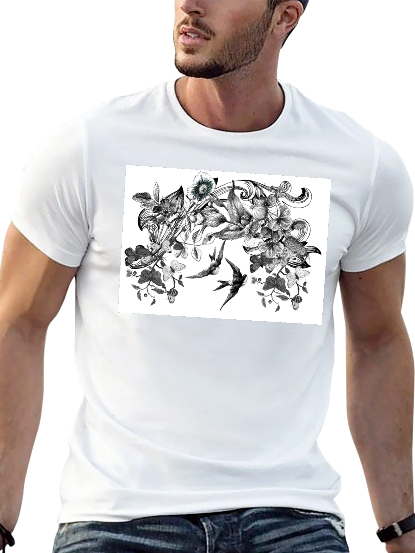 Botanical Swallow T-Shirt - Artistic Black Tee