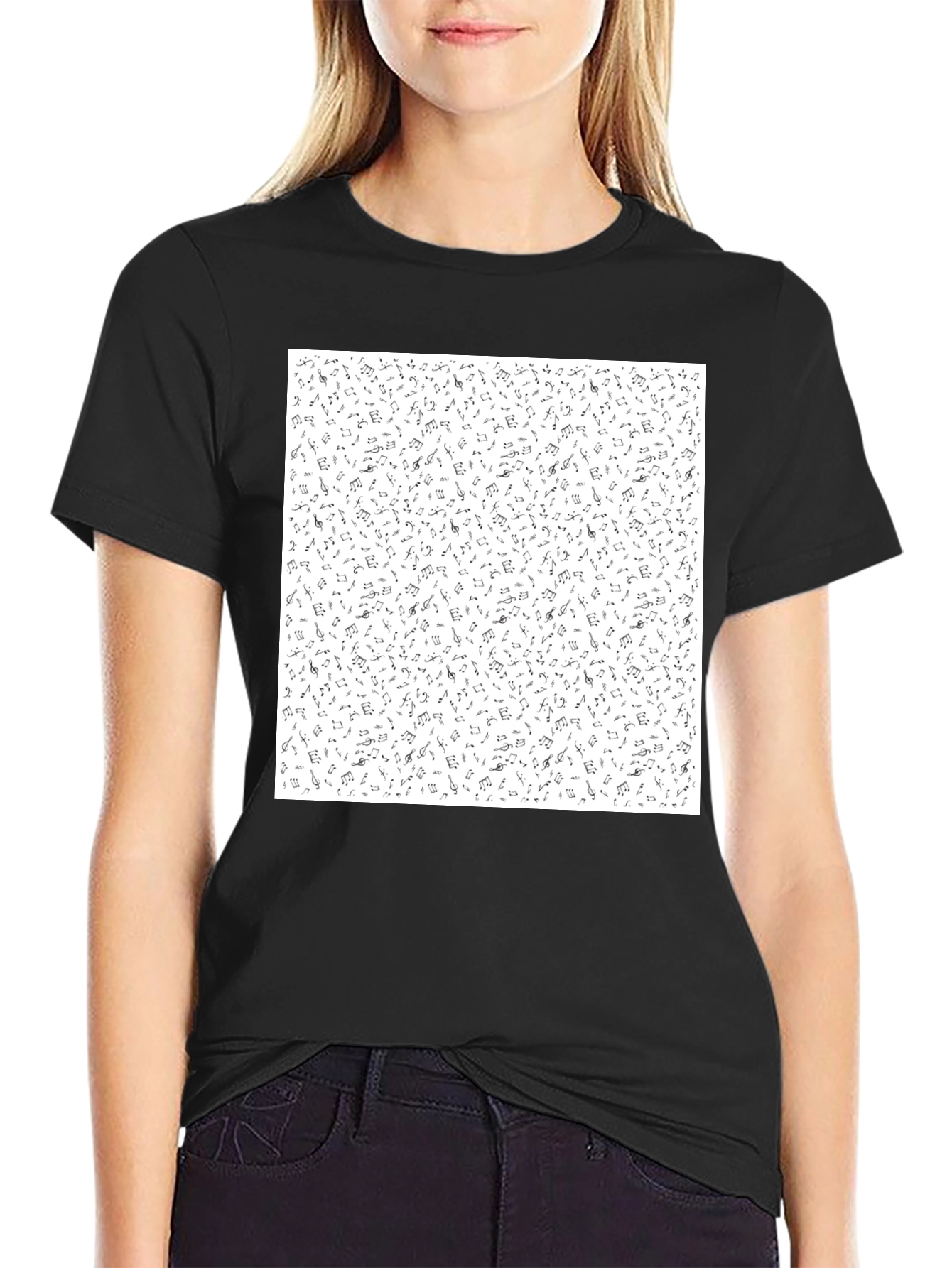 Musical Notes Pattern Black T-Shirt