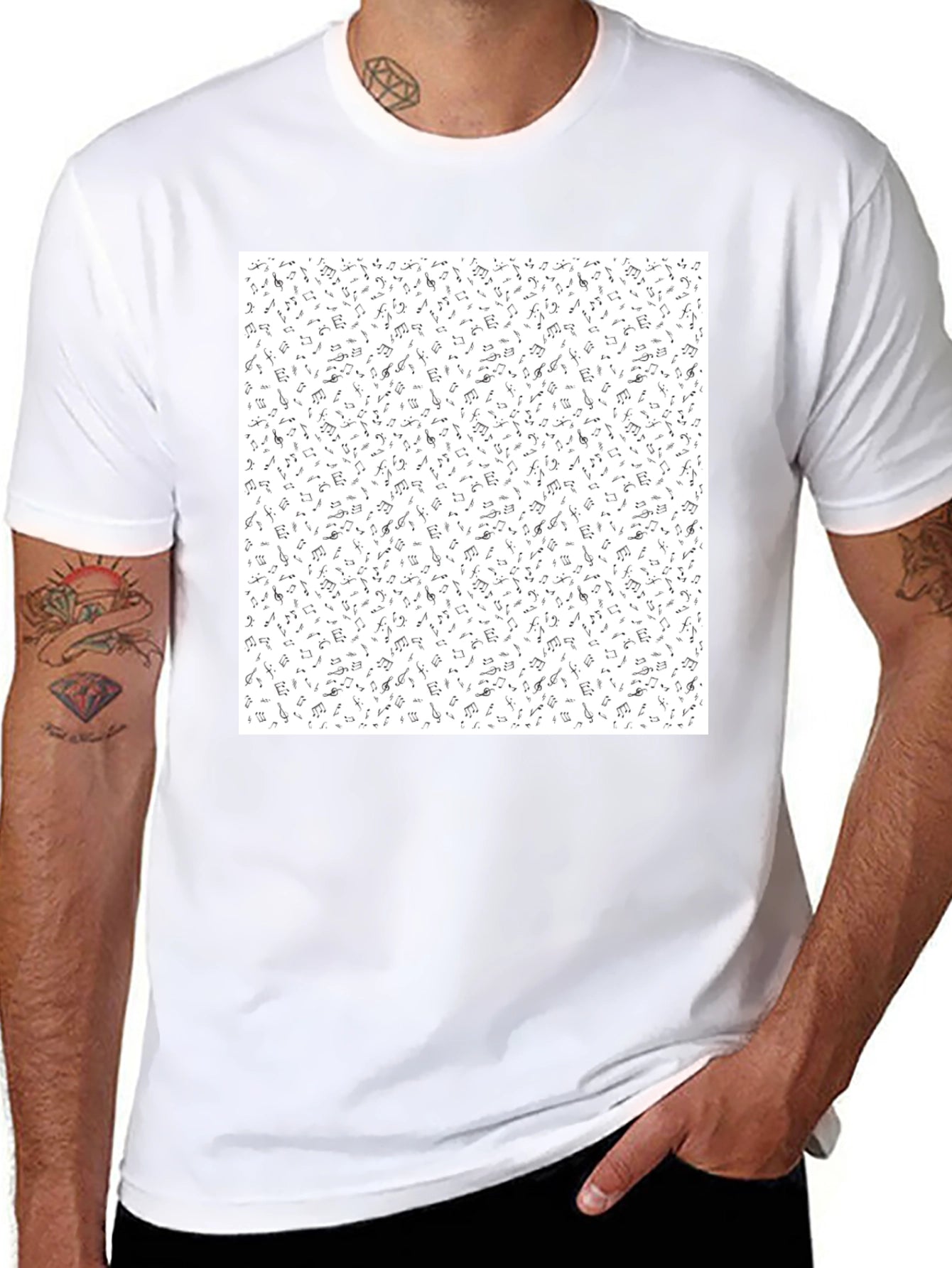 Musical Notes Pattern Black T-Shirt