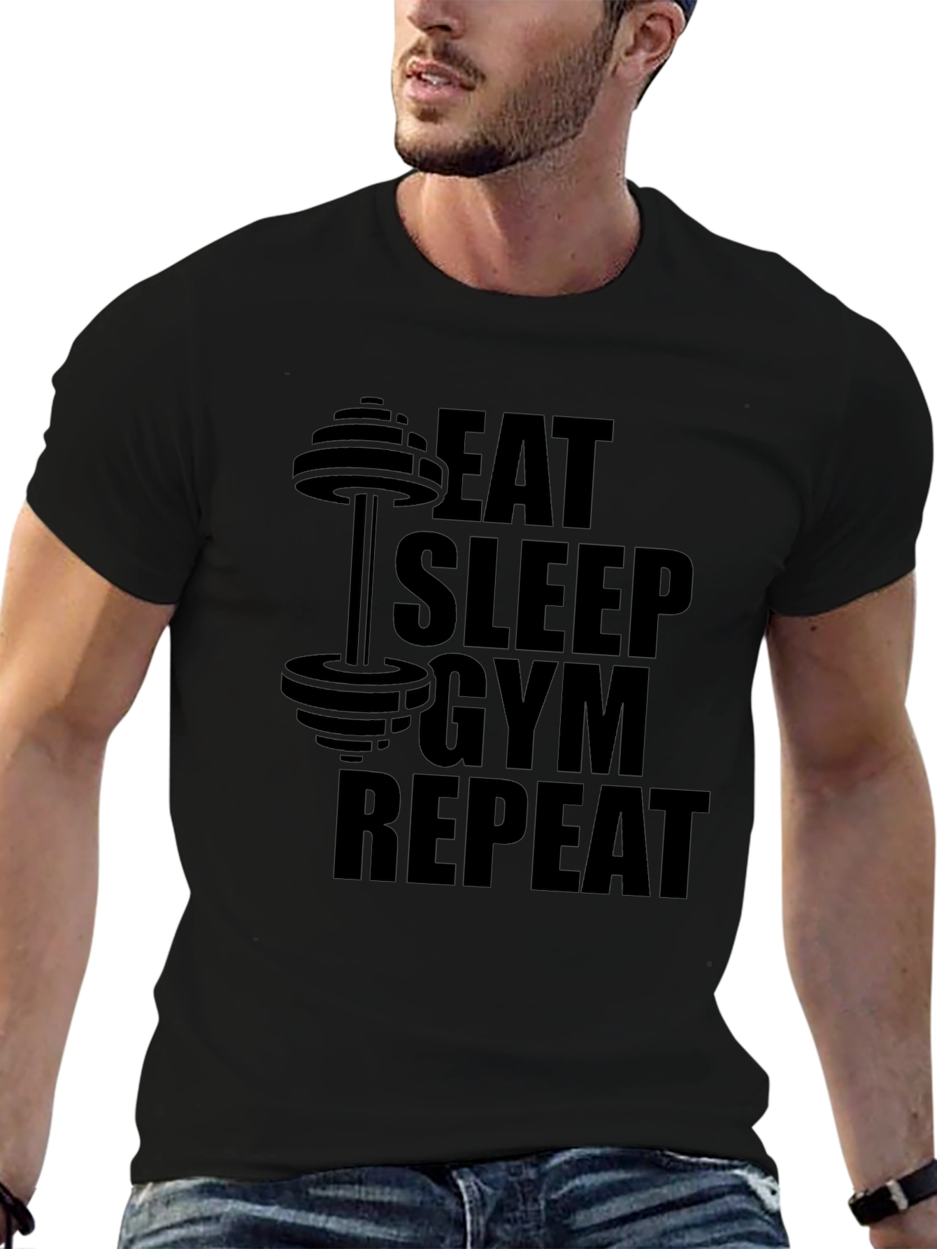 Eat Sleep Gym Repeat Black Graphic Tee
