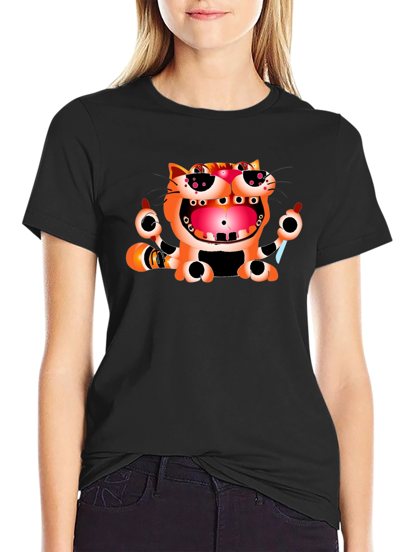 Funny Cat Graphic Print Black T-Shirt