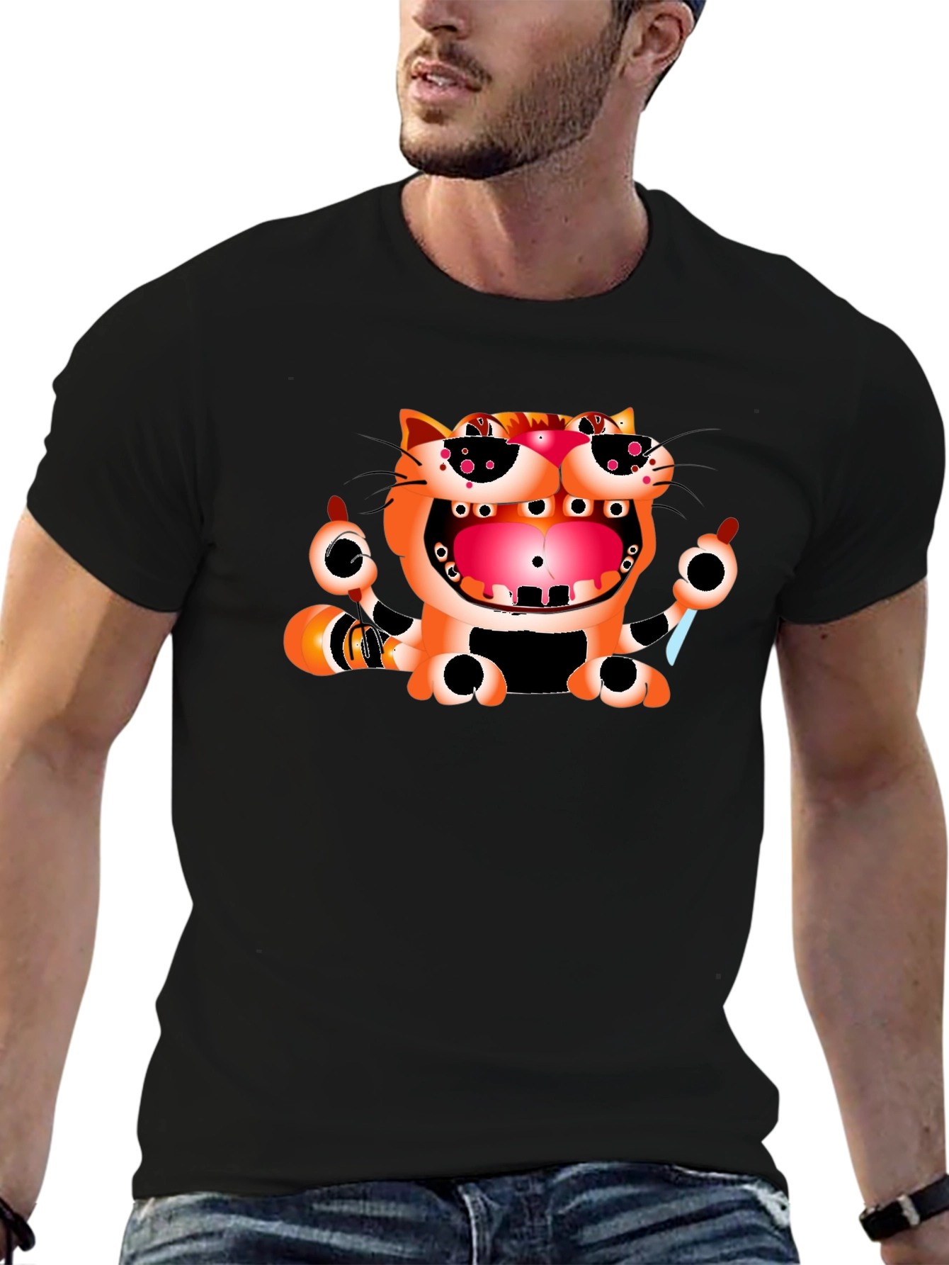 Funny Cat Graphic Print Black T-Shirt