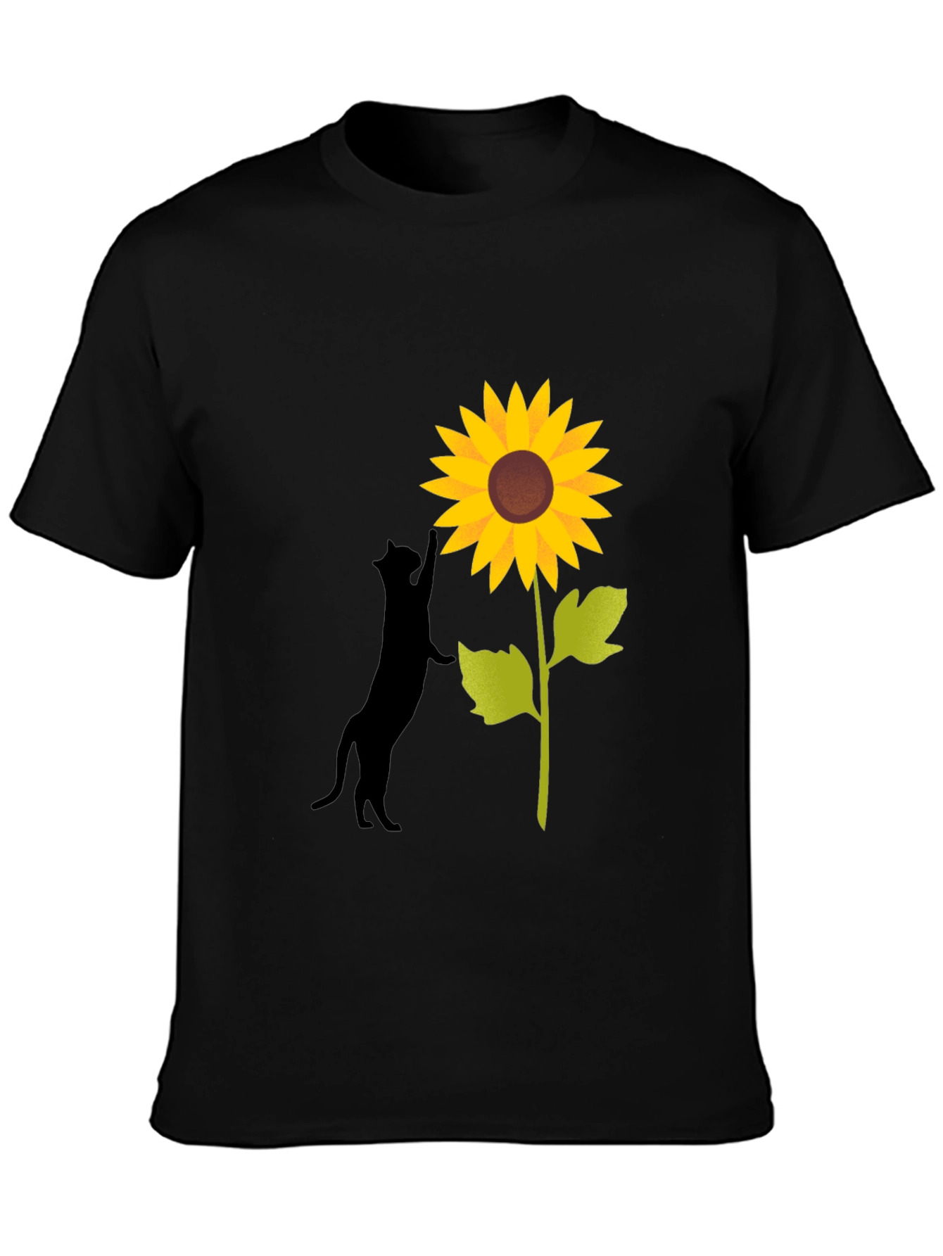 Cat and Sunflower Graphic Tee - Black Cotton Blend