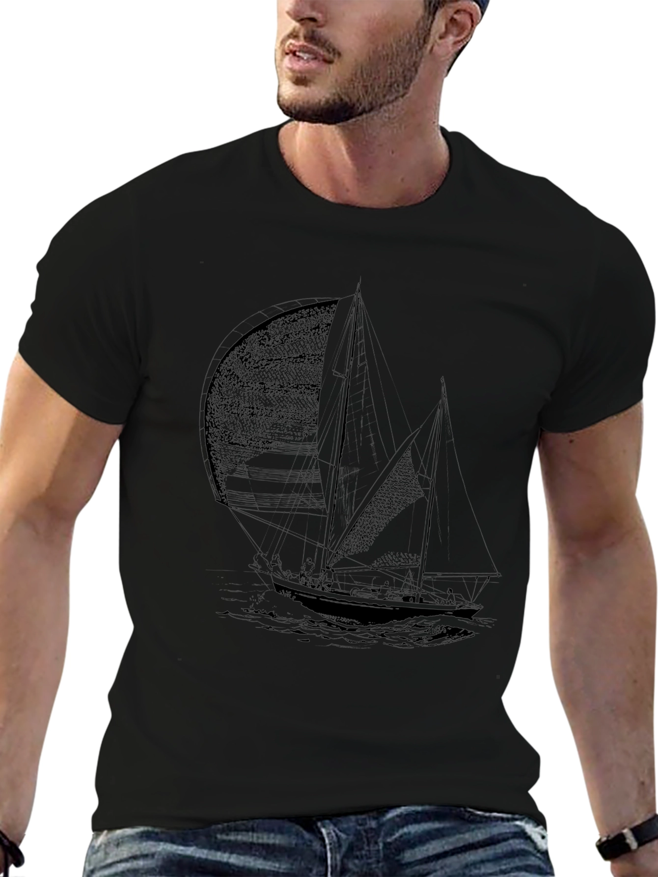 Mens Black Sailing Boat Graphic Tee