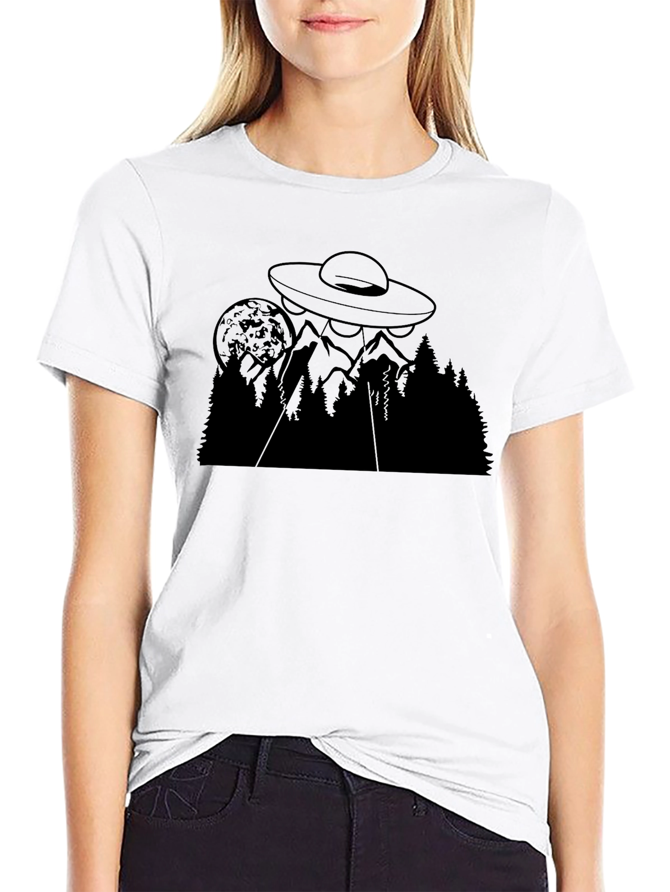 UFO Over Mountain T-Shirt - Black Alien Abduction Tee