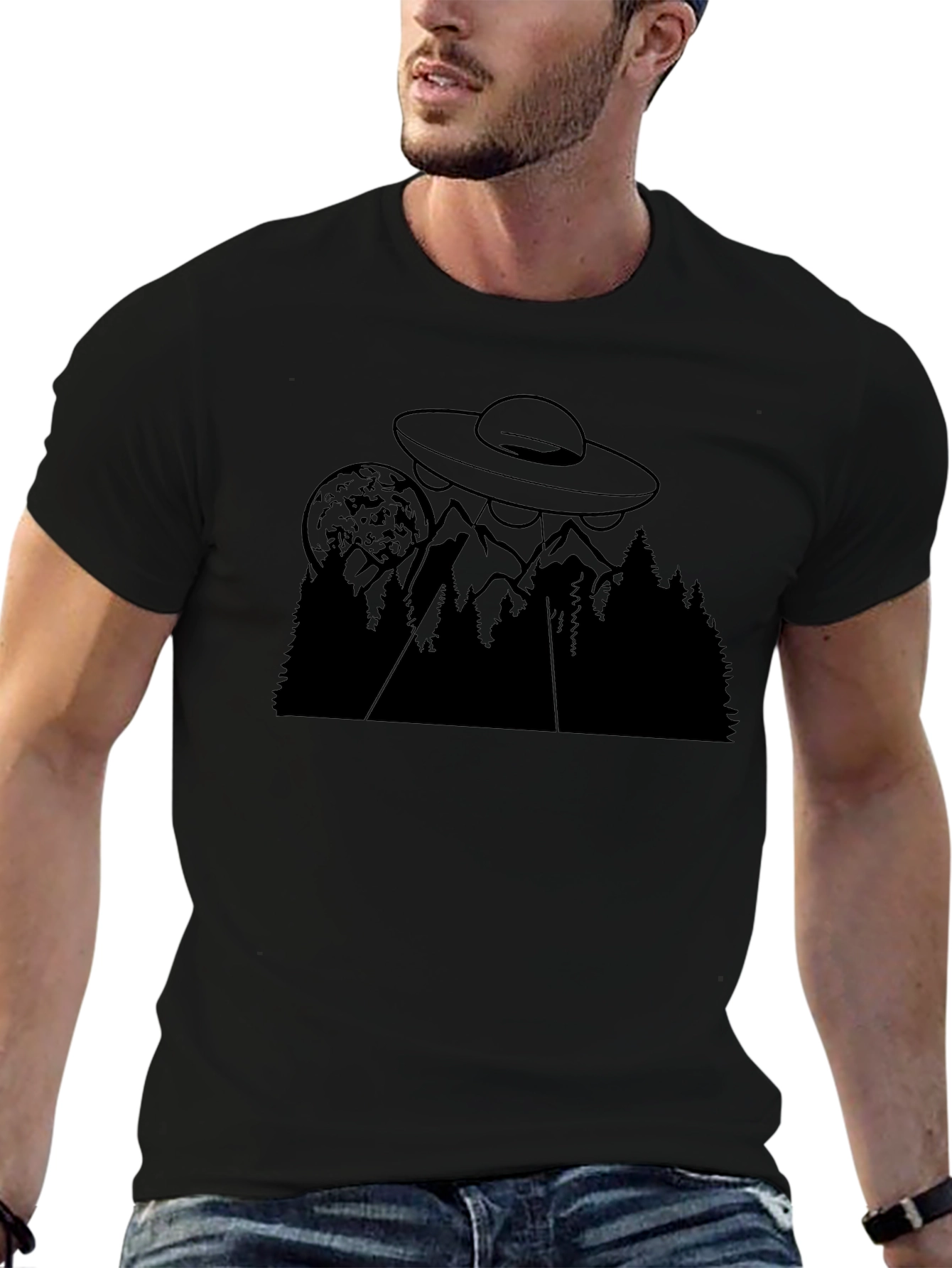 UFO Over Mountain T-Shirt - Black Alien Abduction Tee