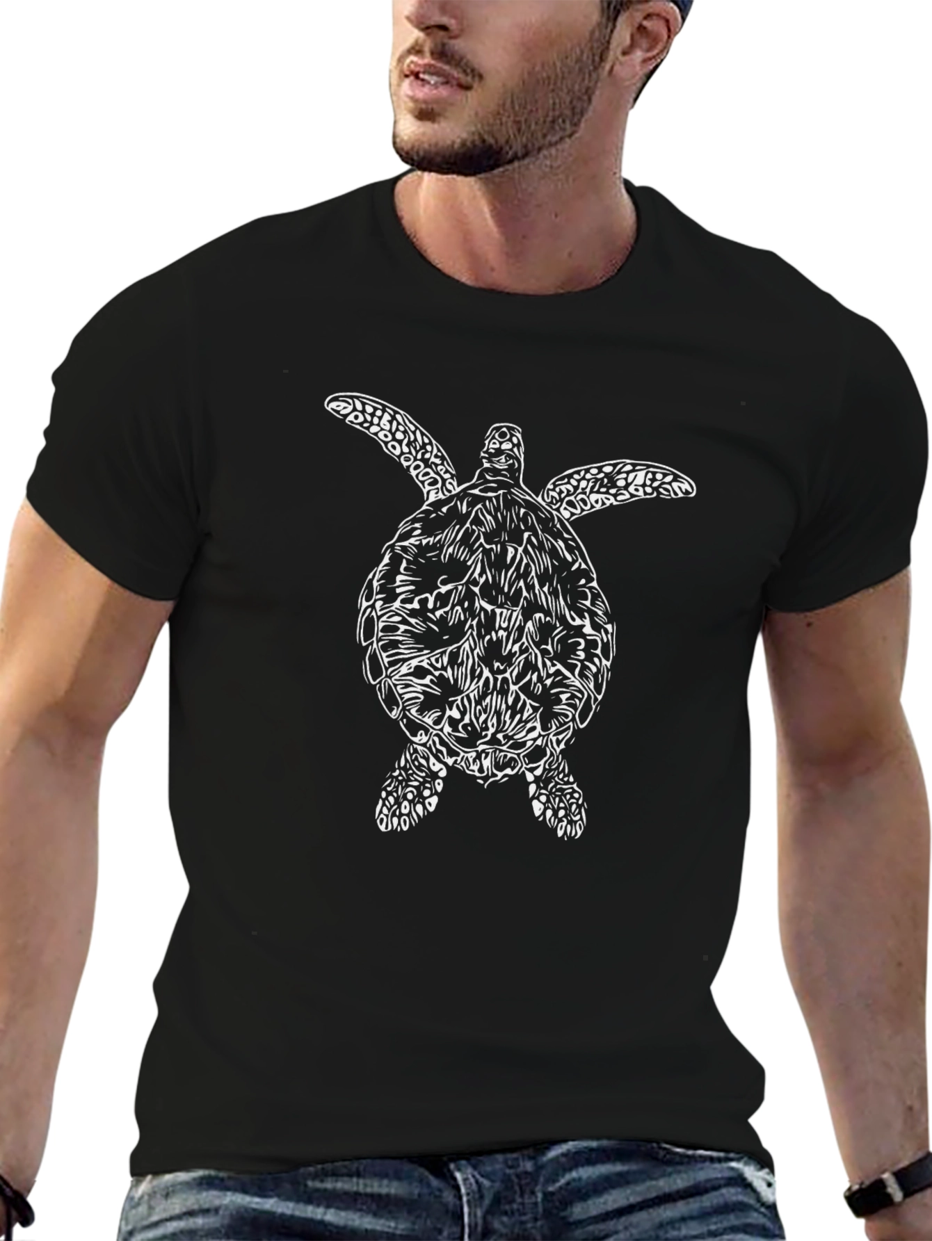 Turtle Graphic Print Tee - Casual Black T-Shirt