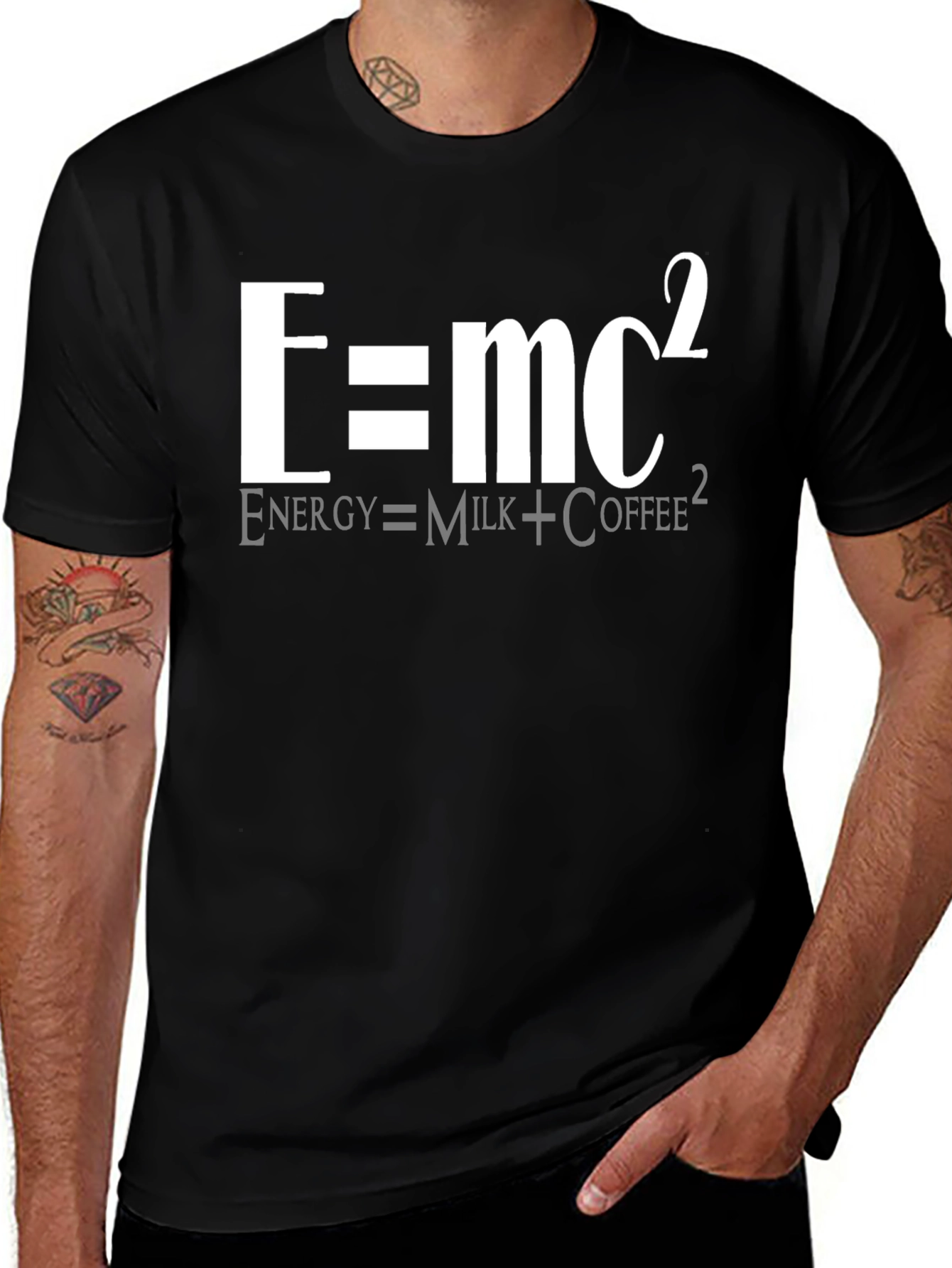 E=mc² Funny Science T-Shirt - Energy Equals Milk Coffee