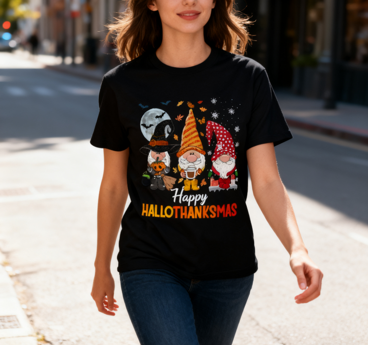 Happy HalloThanksMas Gnomes Graphic T-Shirt | 100% Cotton, Versatile for Multiple Occasions