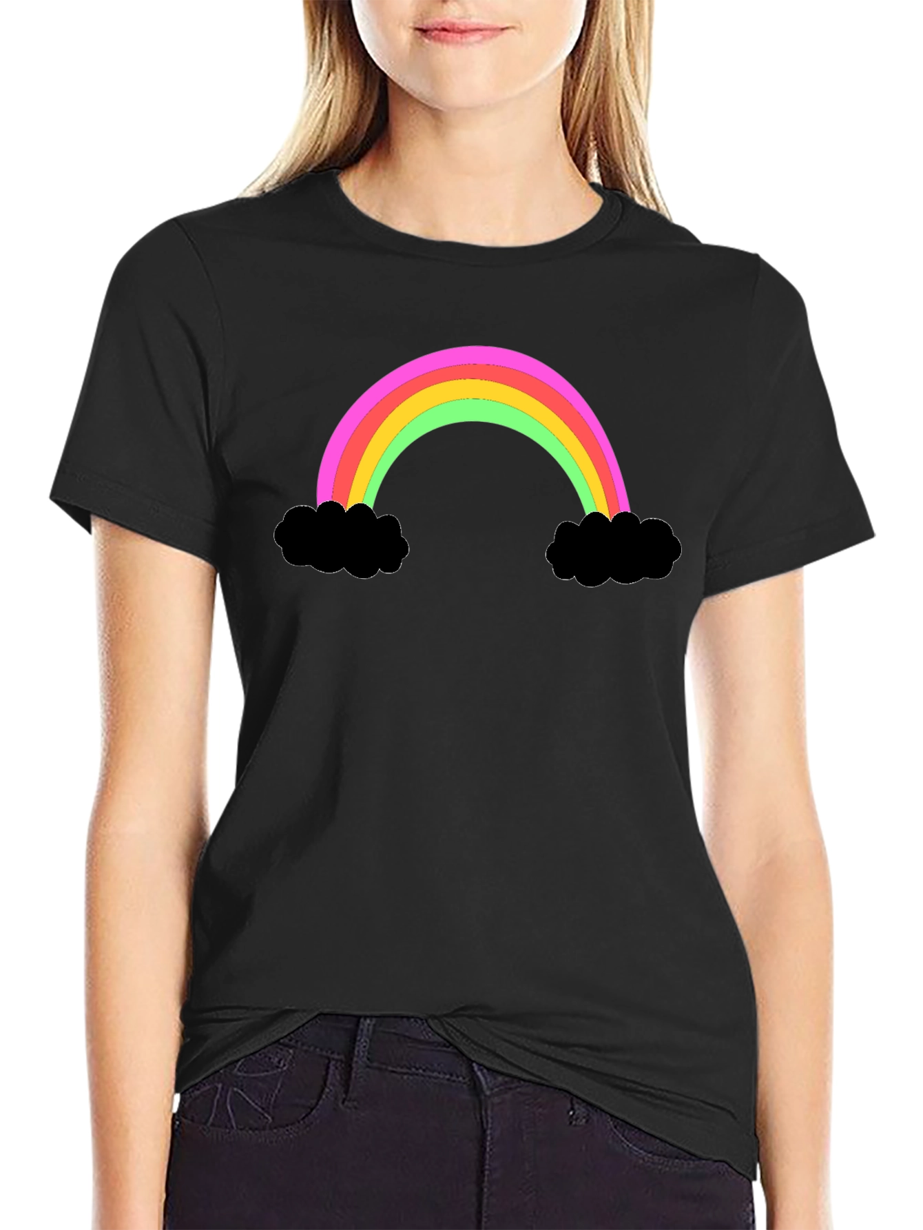 Rainbow Cloud Graphic Tee - Black Cotton T-Shirt