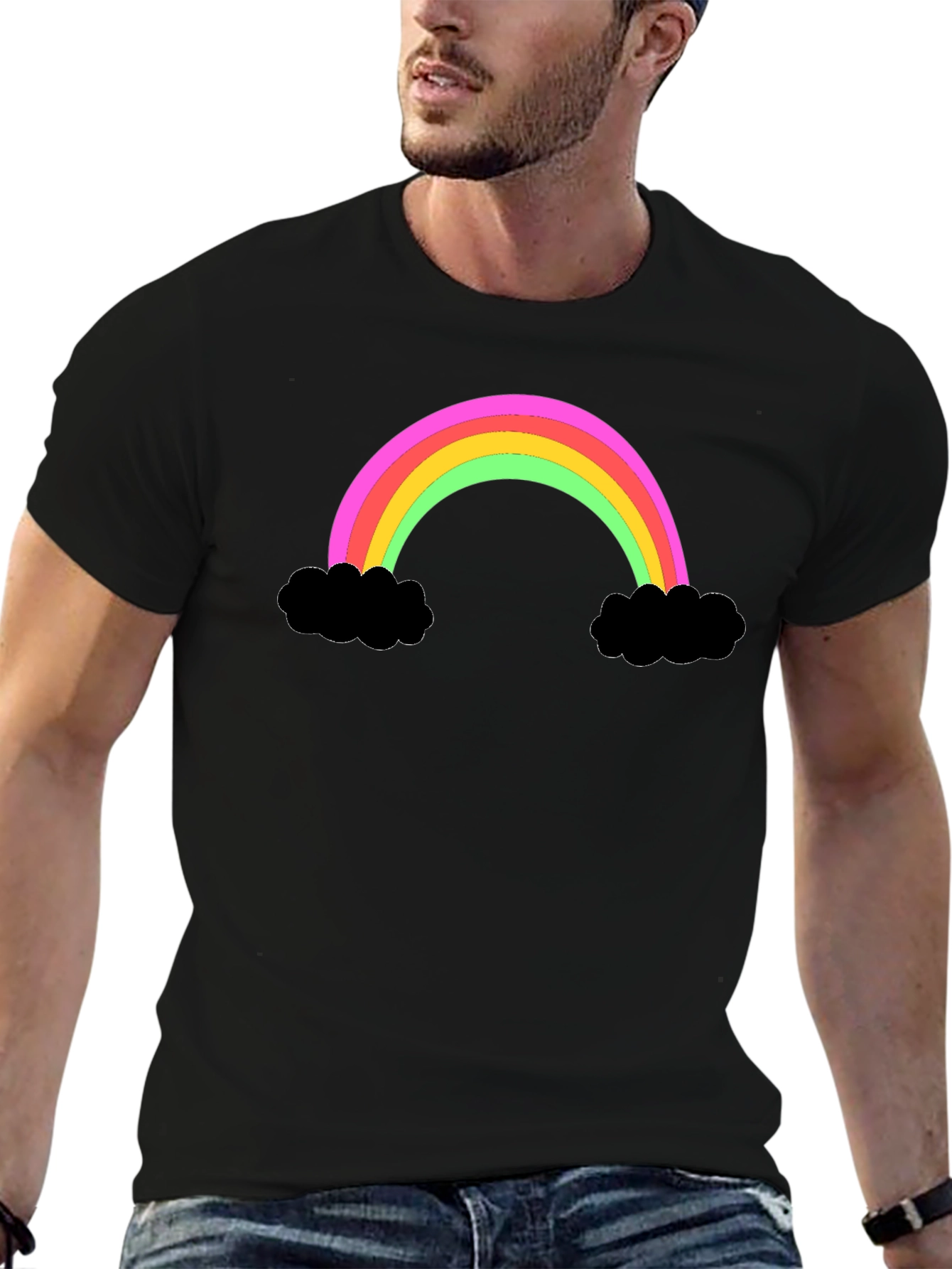 Rainbow Cloud Graphic Tee - Black Cotton T-Shirt