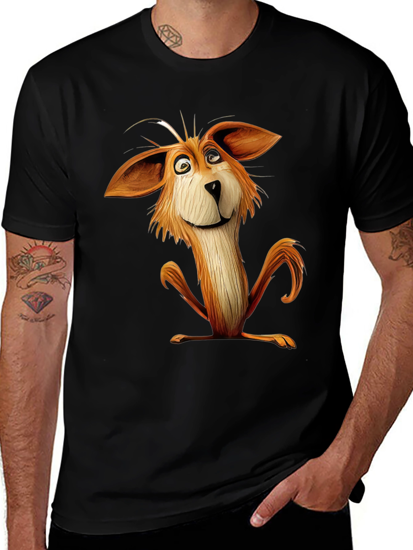 Cartoon Fox Graphic Black T-Shirt