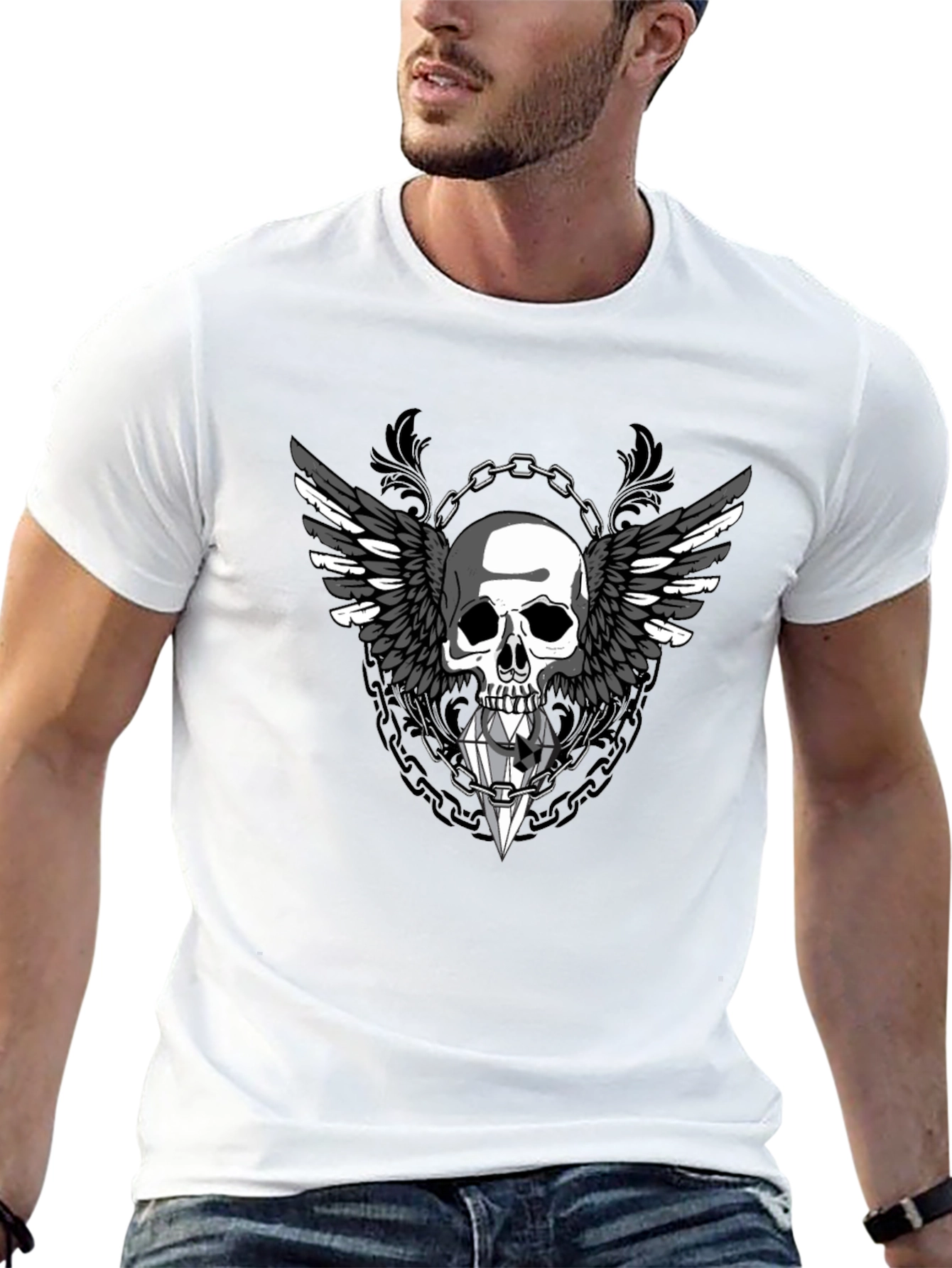 Winged Skull Diamond Graphic Tee - Gothic Style