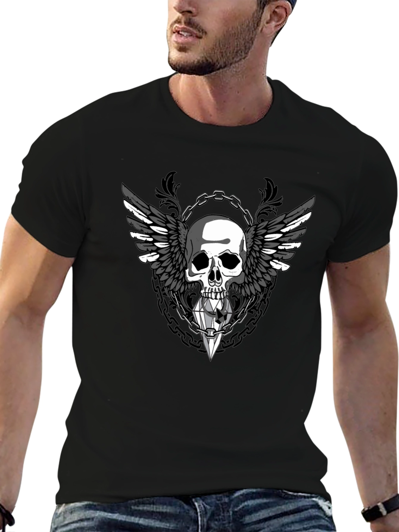 Winged Skull Diamond Graphic Tee - Gothic Style