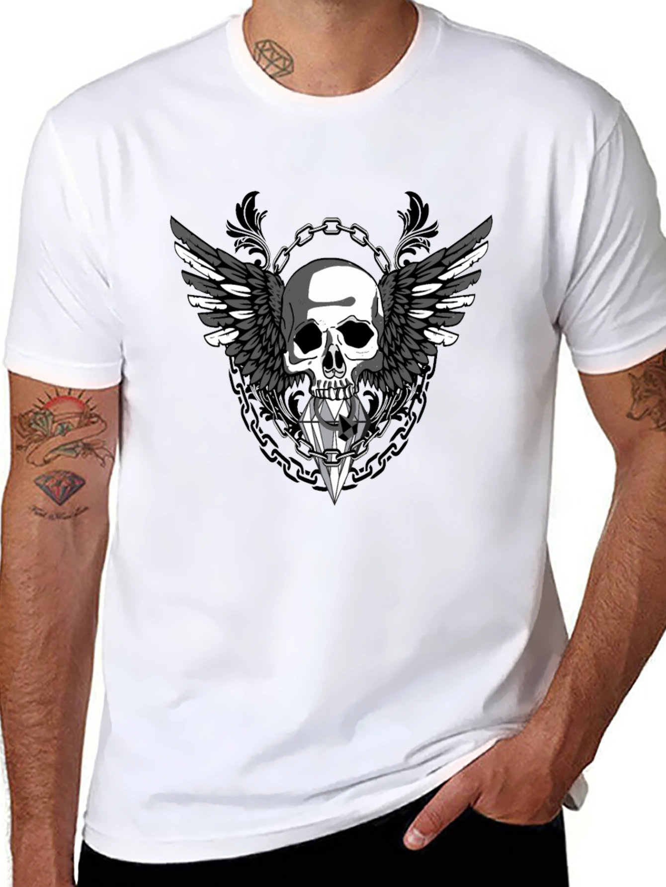 Winged Skull Diamond Graphic Tee - Gothic Style