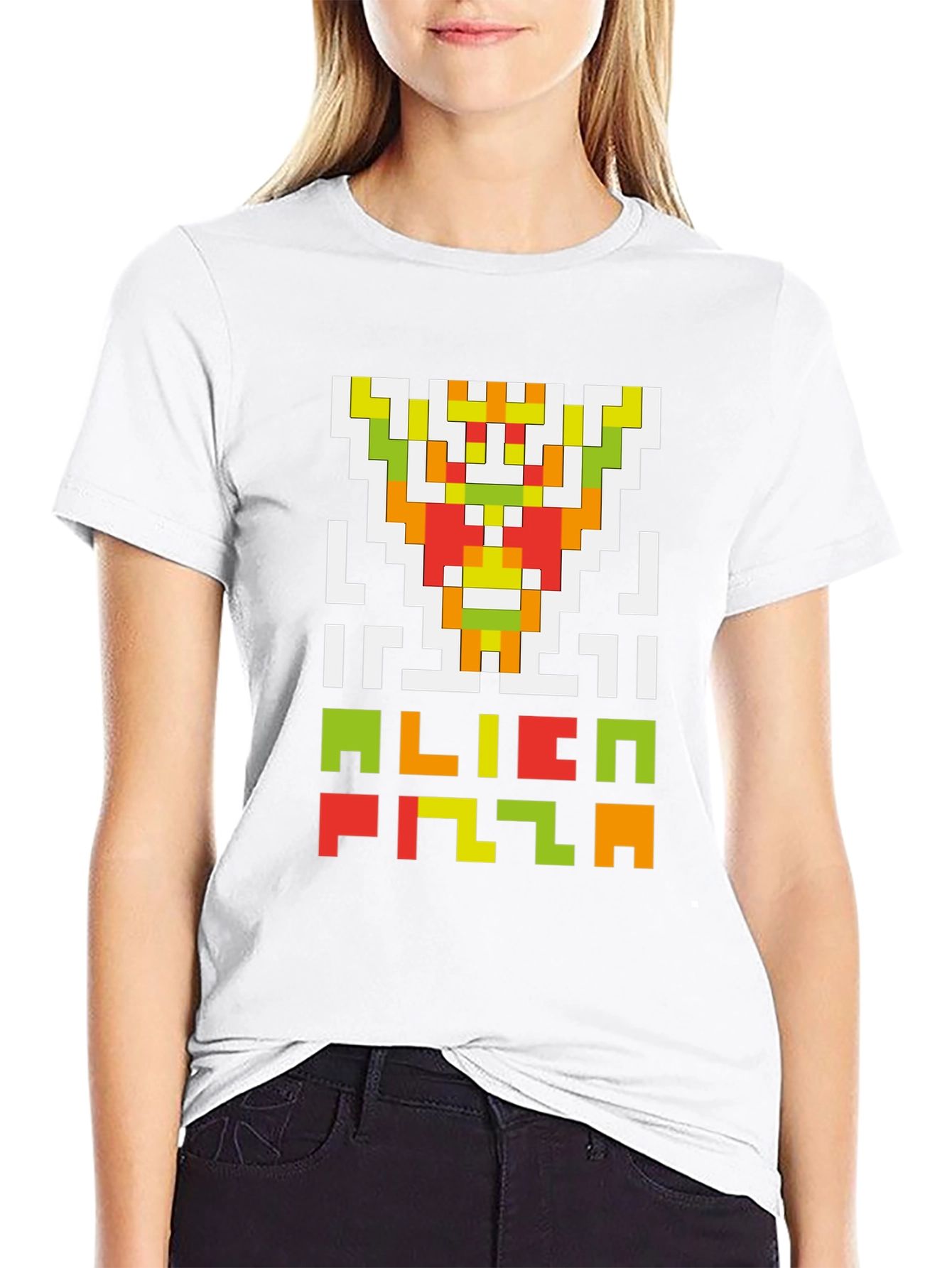 Alien Pizza Pixel Art Black T-Shirt
