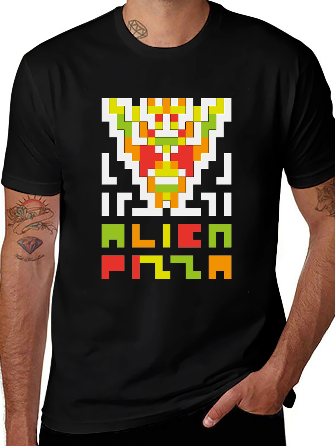 Alien Pizza Pixel Art Black T-Shirt
