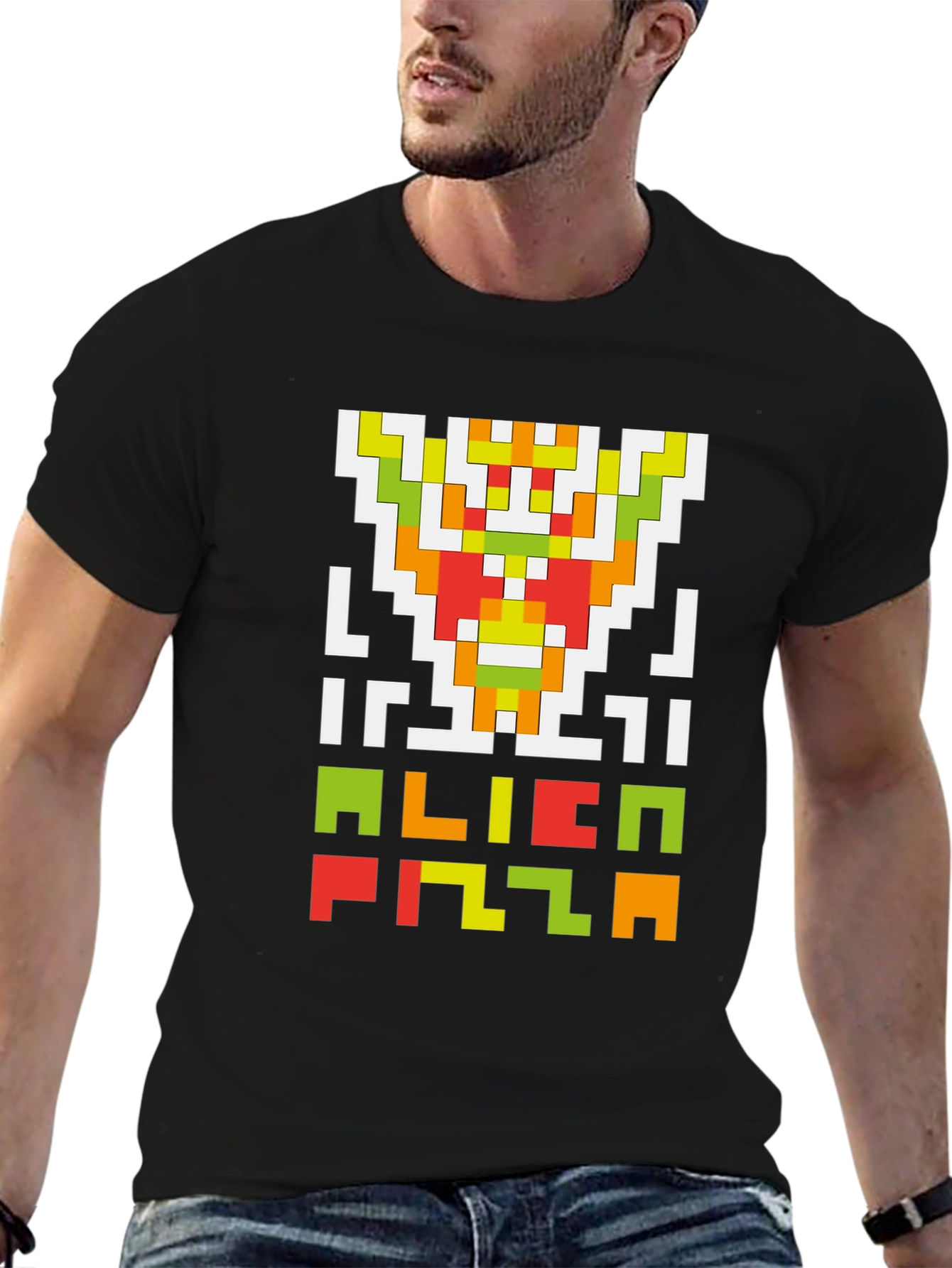 Alien Pizza Pixel Art Black T-Shirt