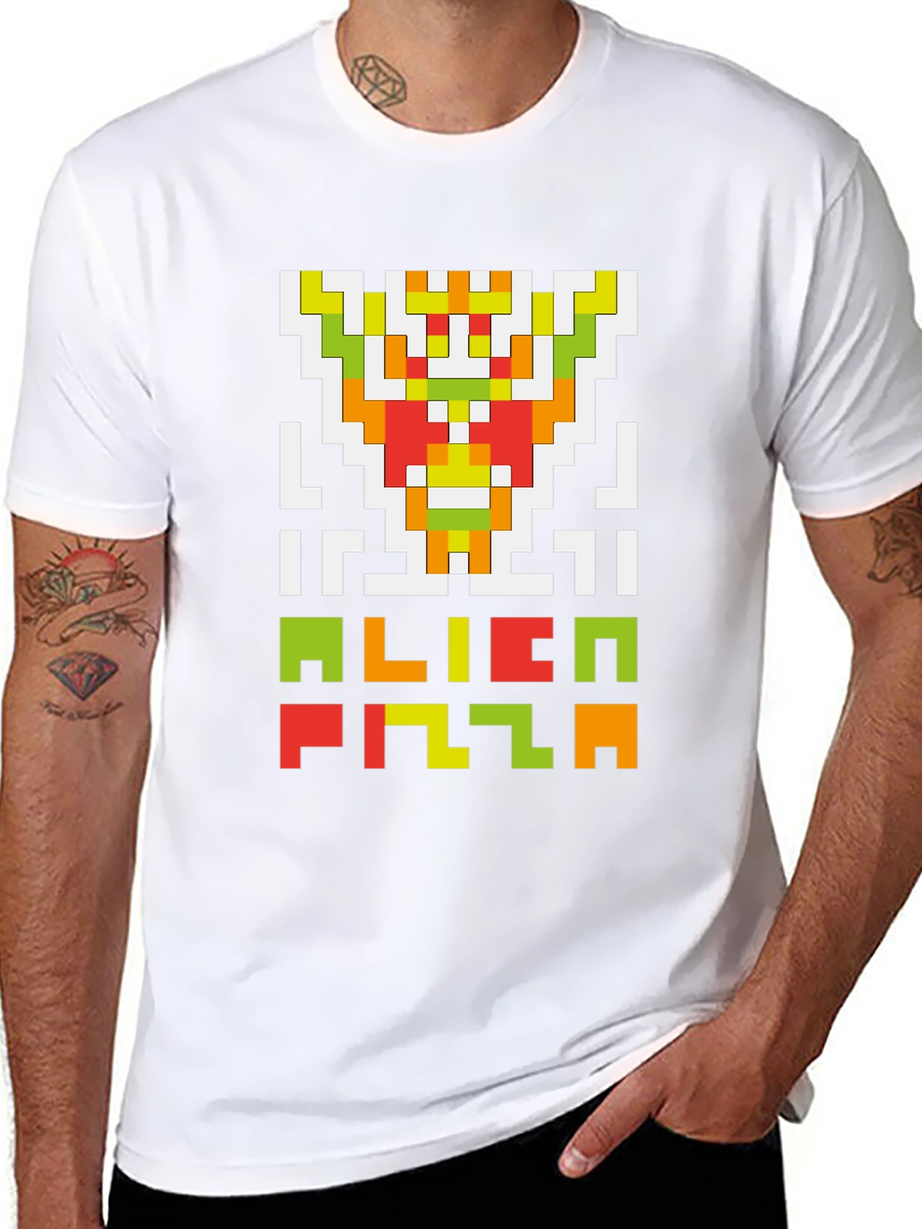 Alien Pizza Pixel Art Black T-Shirt