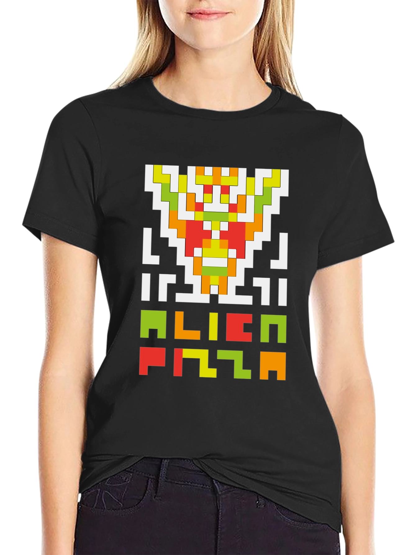 Alien Pizza Pixel Art Black T-Shirt