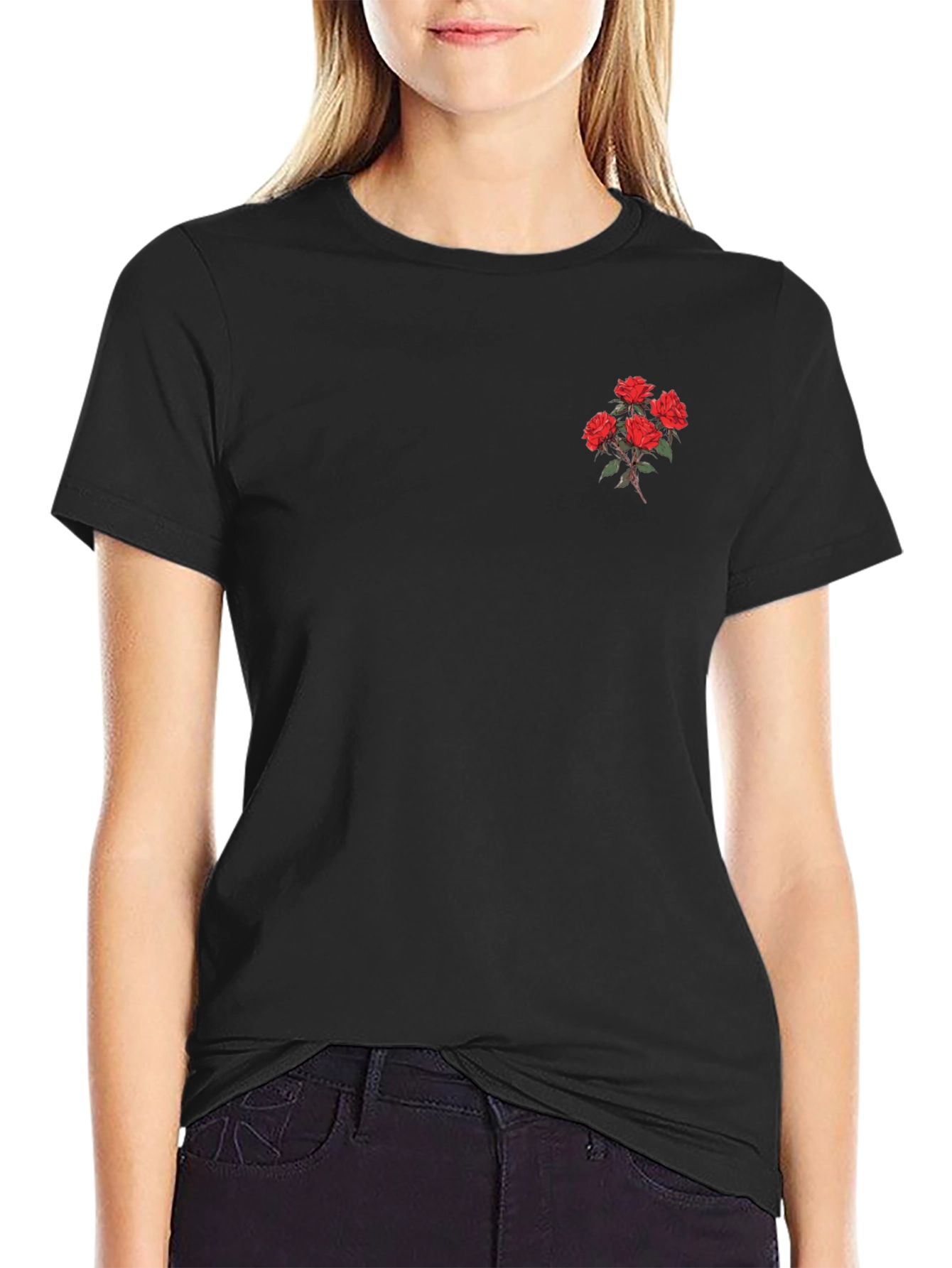 Black T-Shirt with Embroidered Rose Detail