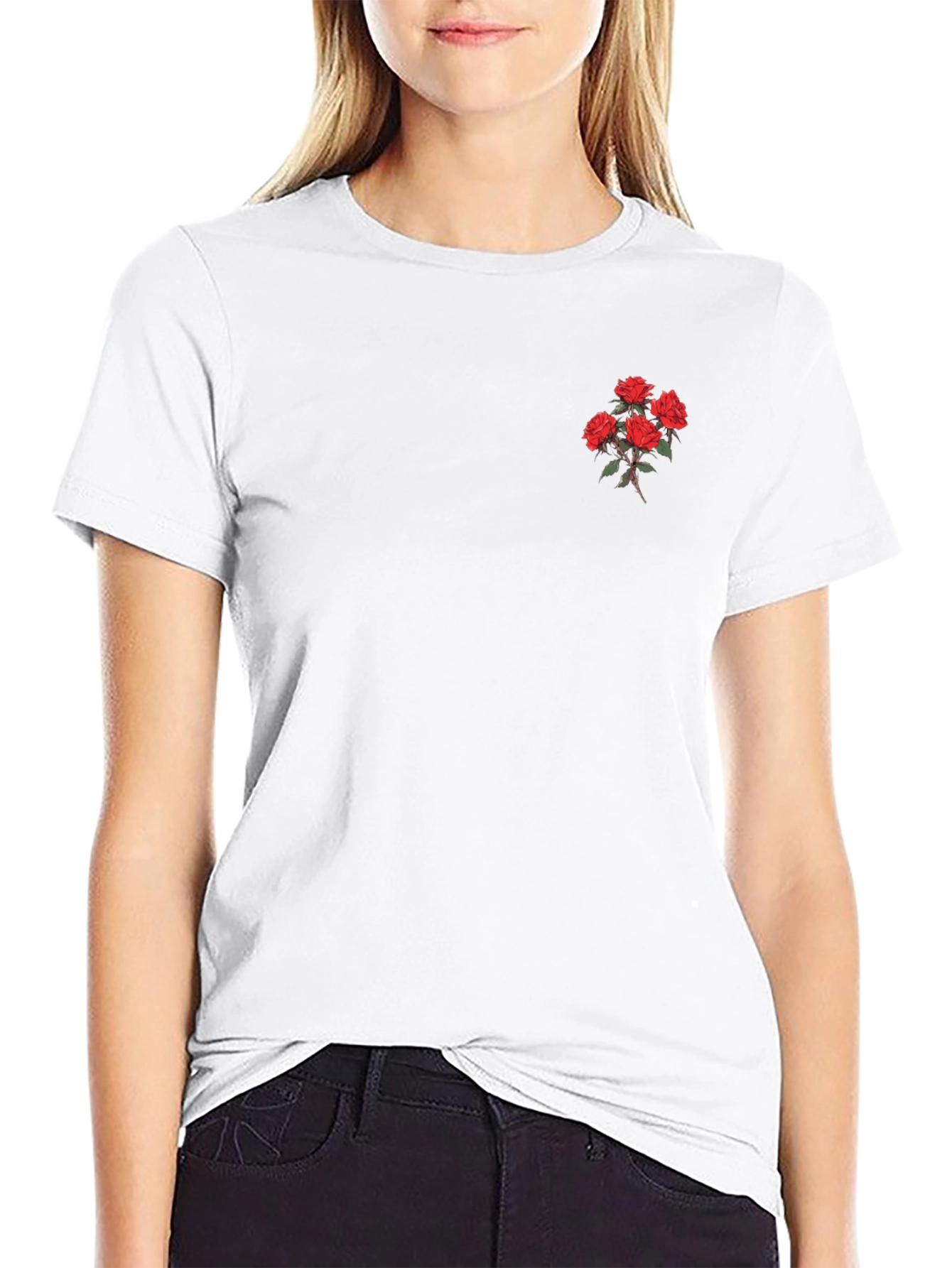 Black T-Shirt with Embroidered Rose Detail