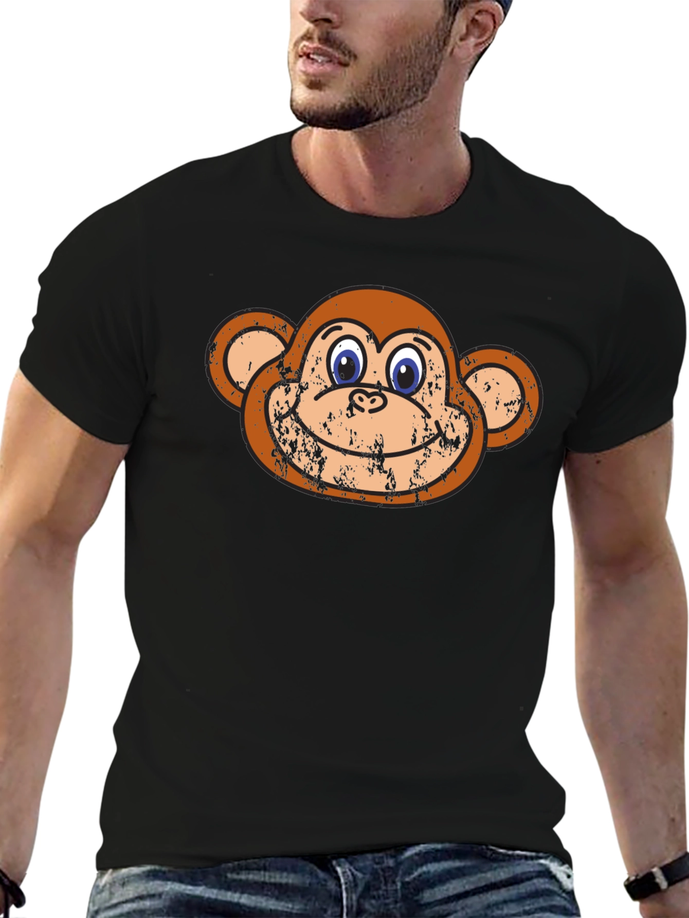 Funny Monkey Face Graphic Tee - Black Cotton T-Shirt