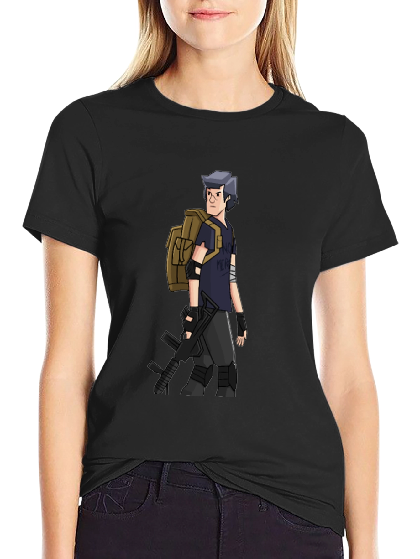 Animated Soldier Graphic Tee - Black Cotton Blend