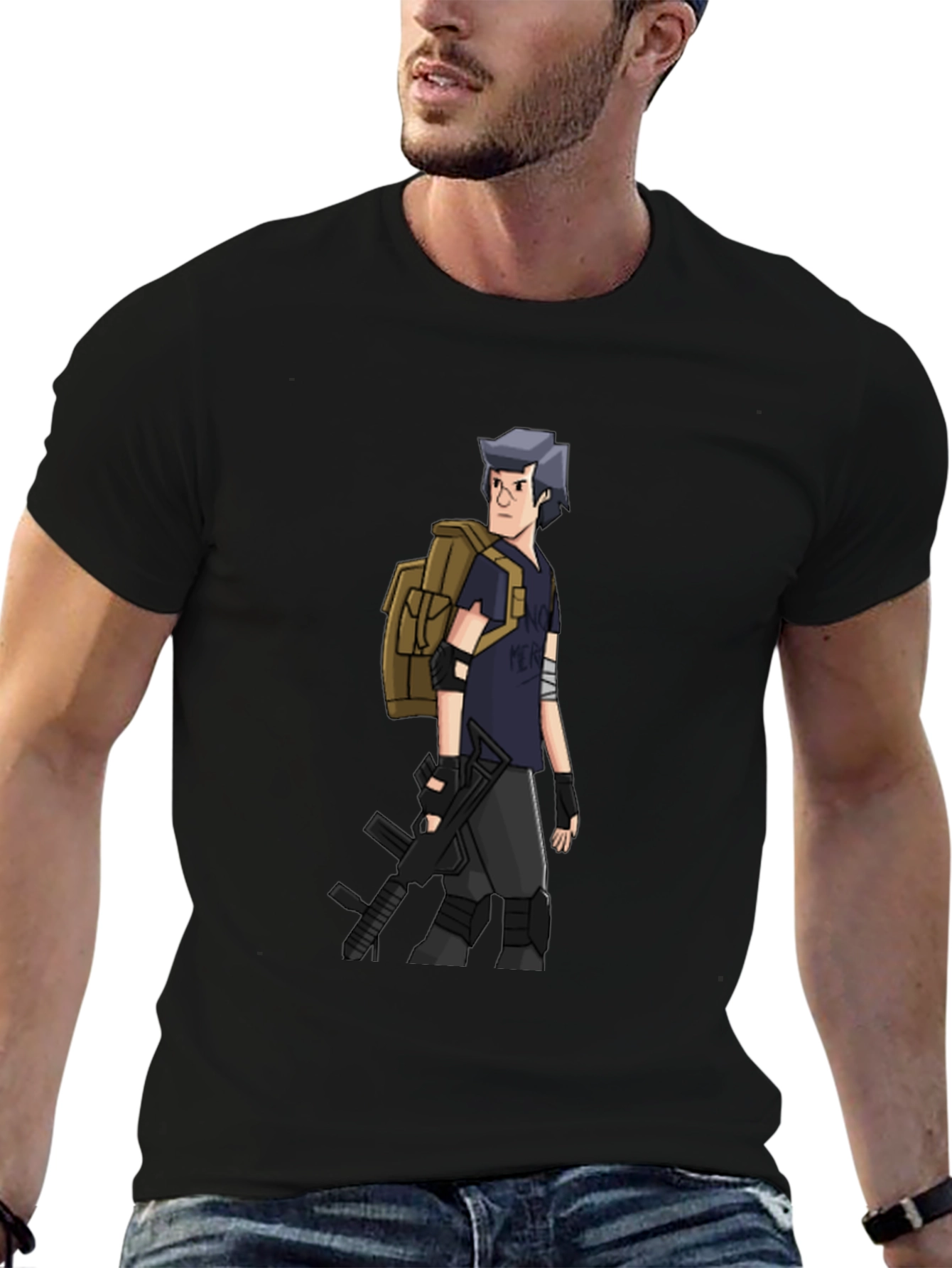 Animated Soldier Graphic Tee - Black Cotton Blend