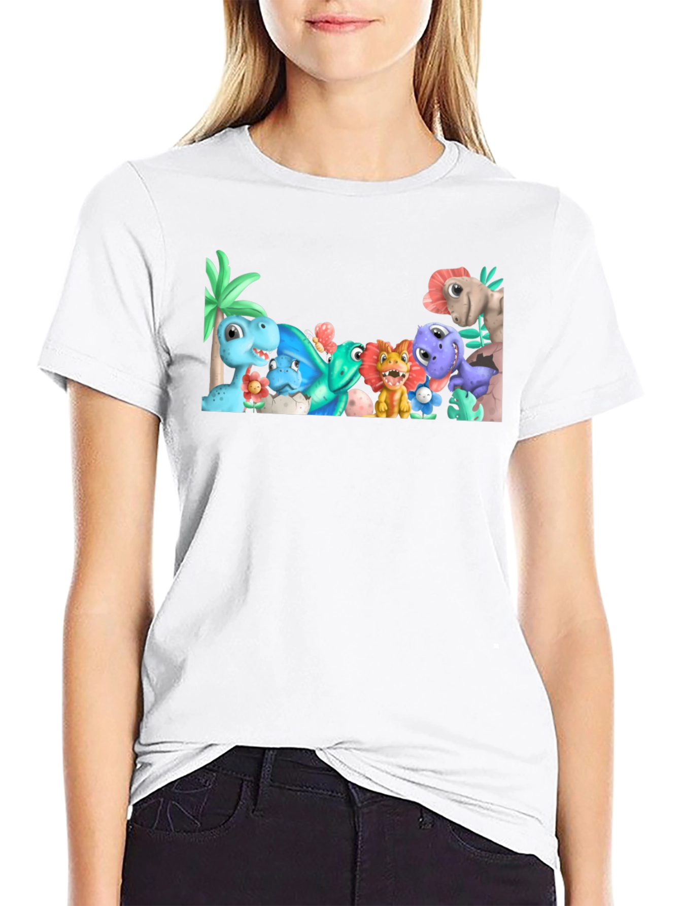 Cute Cartoon Dinosaur Graphic Black T-Shirt