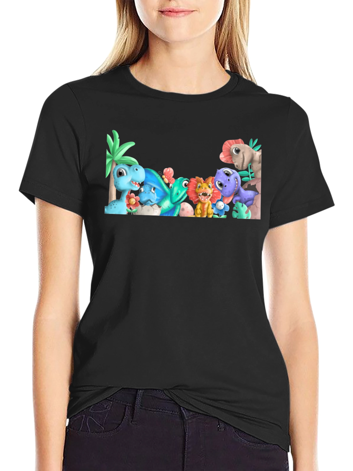 Cute Cartoon Dinosaur Graphic Black T-Shirt