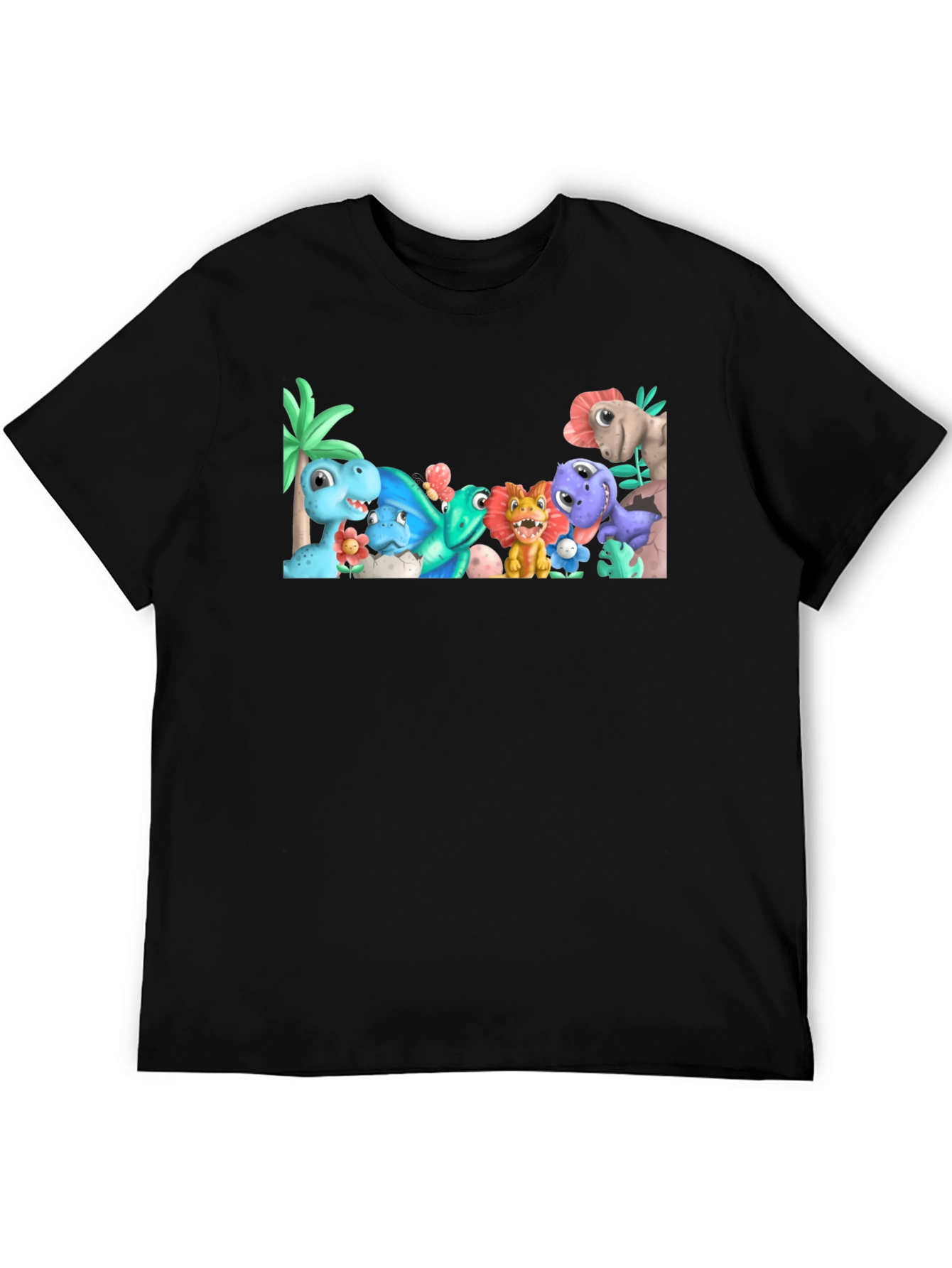 Cute Cartoon Dinosaur Graphic Black T-Shirt