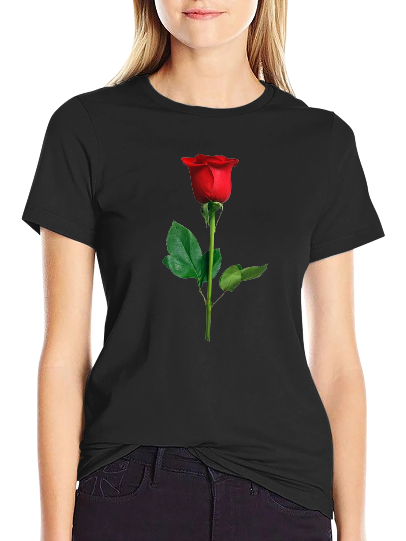 Elegant Red Rose Graphic Tee - Black Cotton