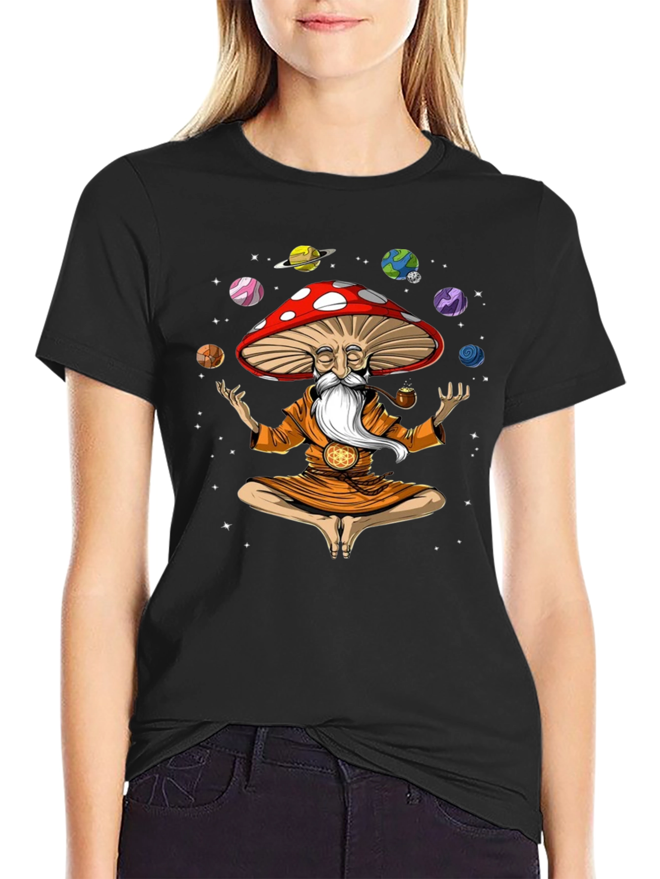 Mushroom Meditator Black Graphic T-Shirt