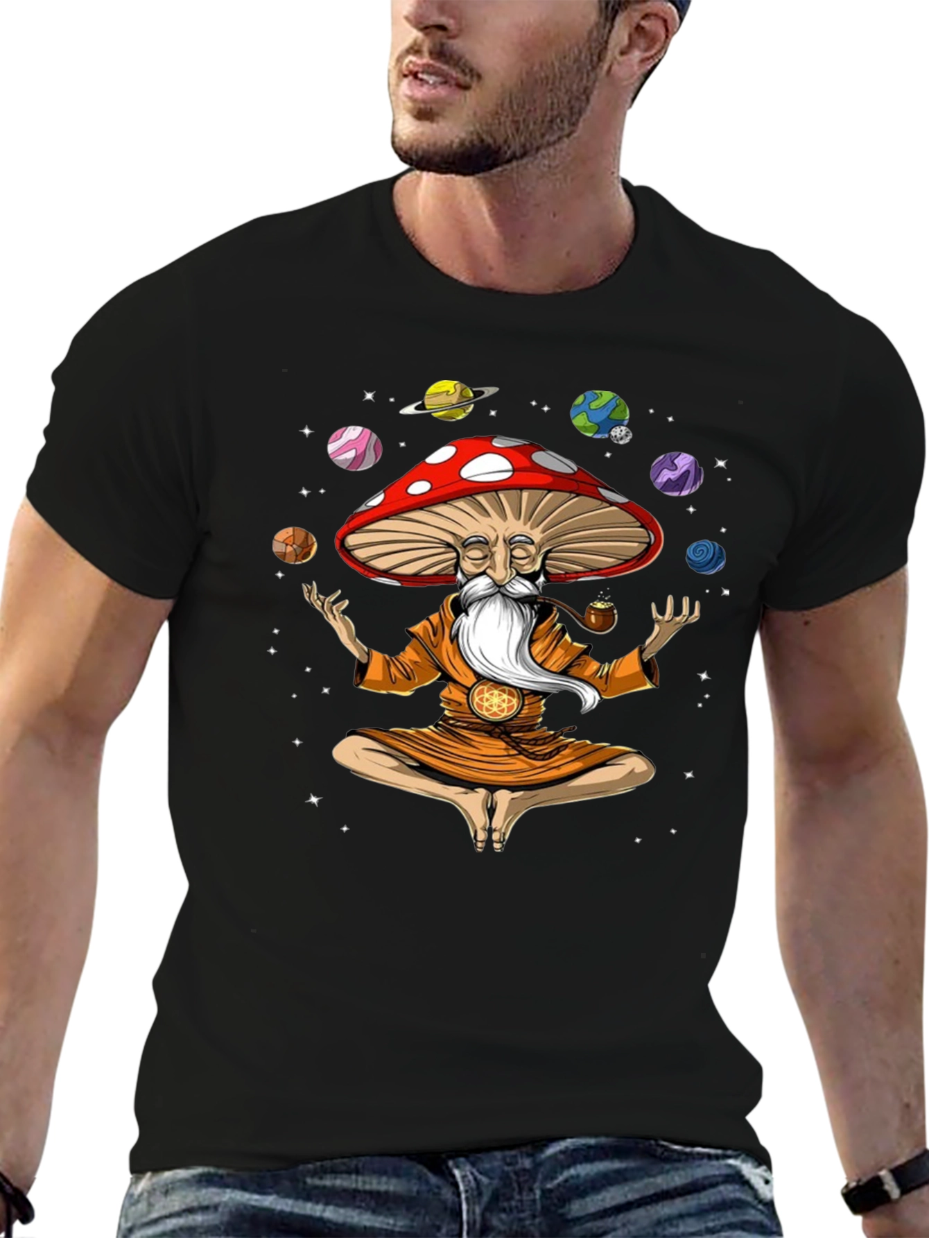 Mushroom Meditator Black Graphic T-Shirt