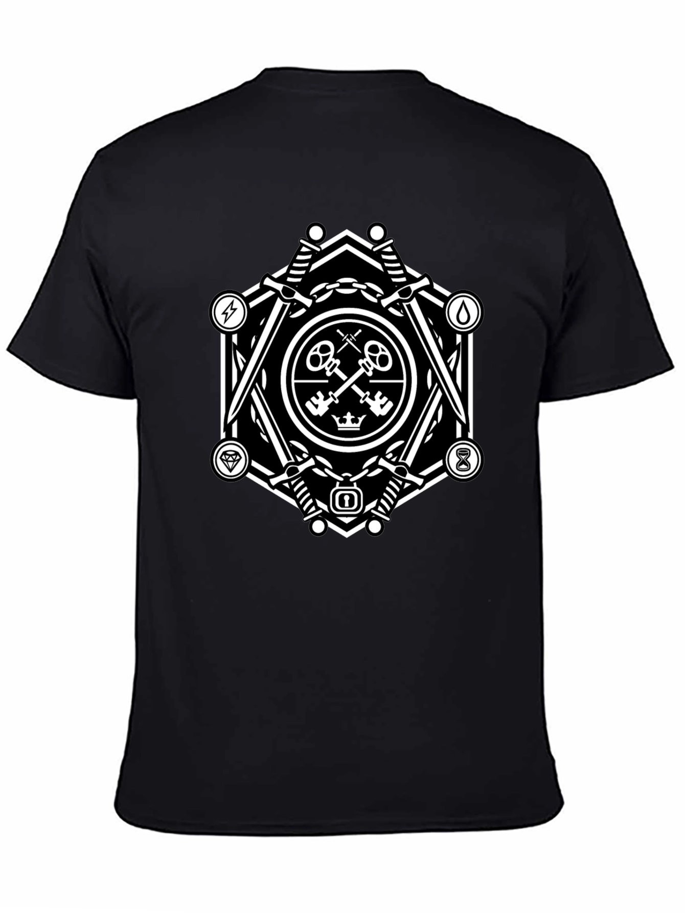 Geometric Key & Sword Graphic Black T-Shirt