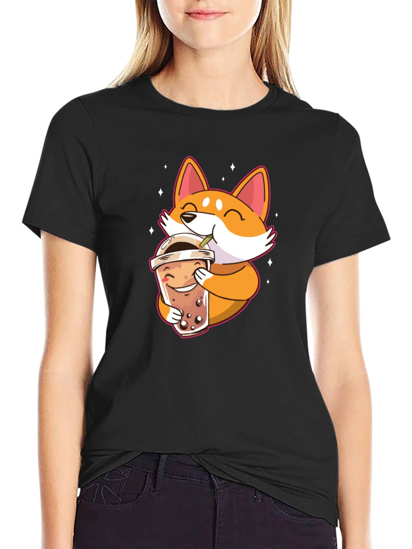 Cute Shiba Inu Boba Tea Black T-Shirt