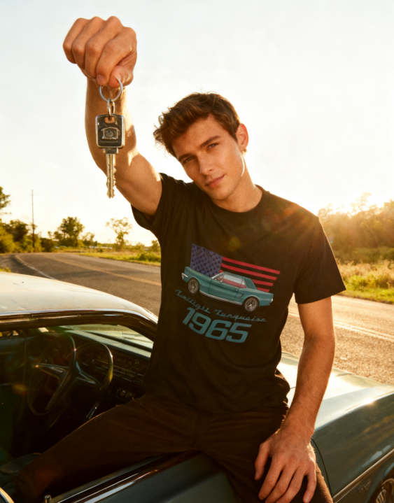 1965 Twilight Turquoise Retro Car & USA Flag T-Shirt - 100% Cotton, Classic Auto Enthusiast Tee for Car Shows & Daily Occasions